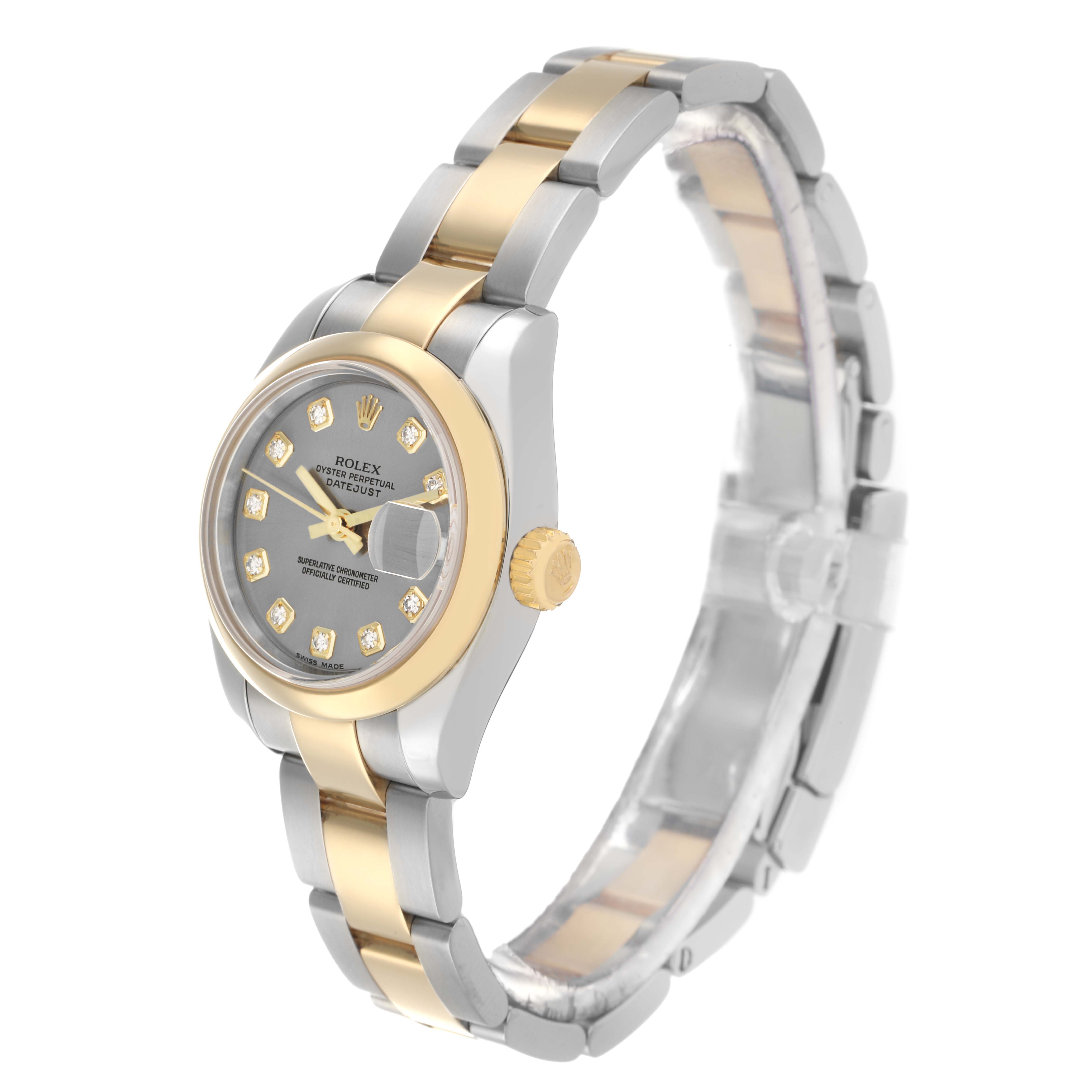 The Rolex Datejust 179163 Women
s Steel and Gold (two tone) Silver Dial watch is shown at a three-quarter angle, highlighting the bezel, face, and bracelet.
