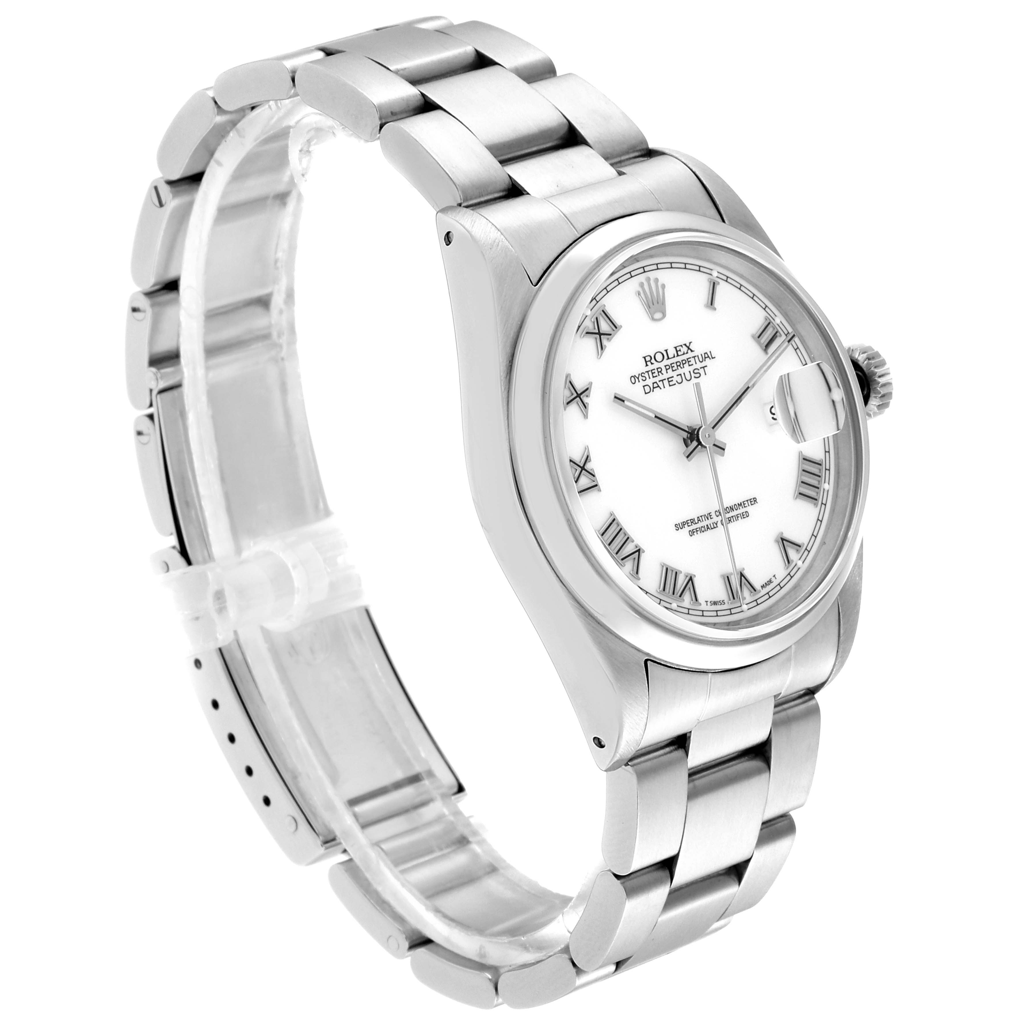 This image shows a side angle view of a Rolex Datejust 16200 Men's Stainless Steel White Dial 16200 Men's Stainless Steel White Dial watch, featuring its bracelet, case, dial, and crown.