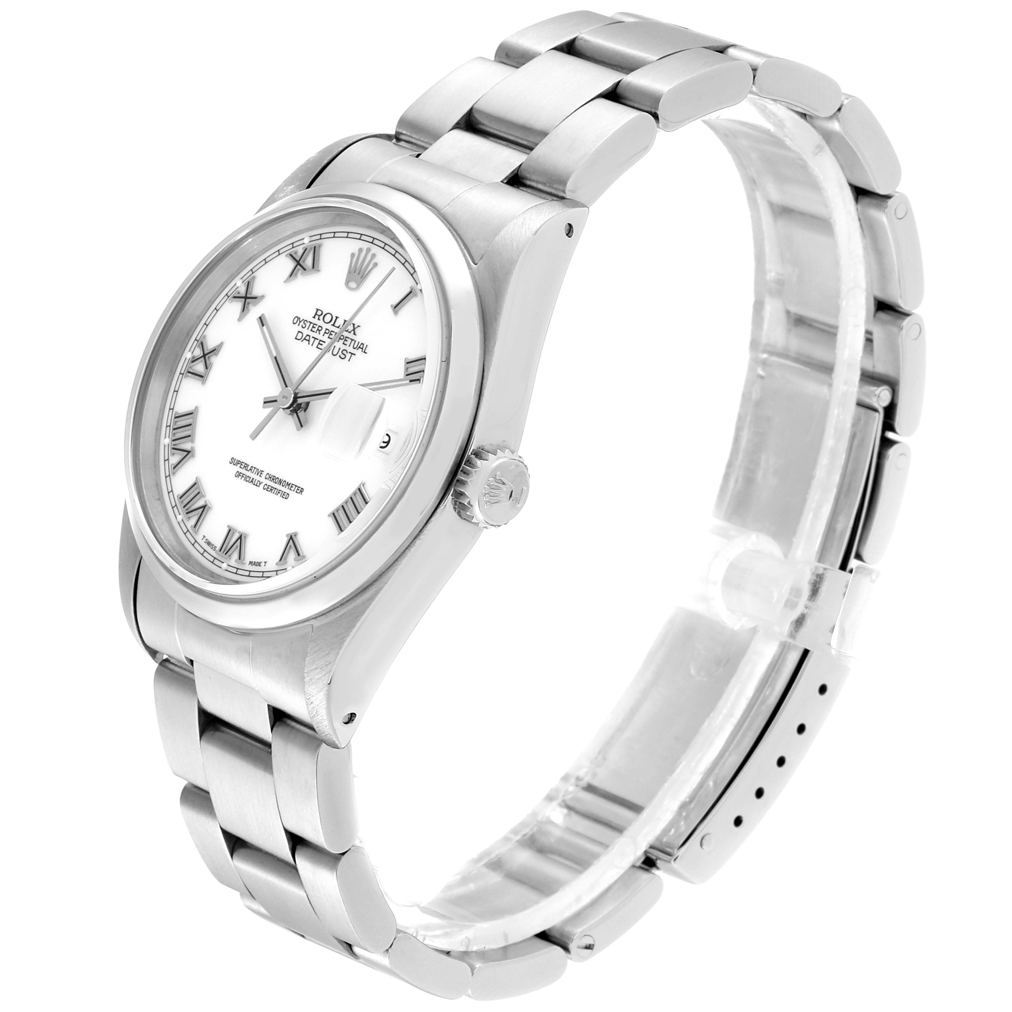 The image shows a Rolex Datejust 16200 Men's Stainless Steel White Dial 16200 Men's Stainless Steel White Dial watch at a three-quarter angle, highlighting the face, bezel, and bracelet.