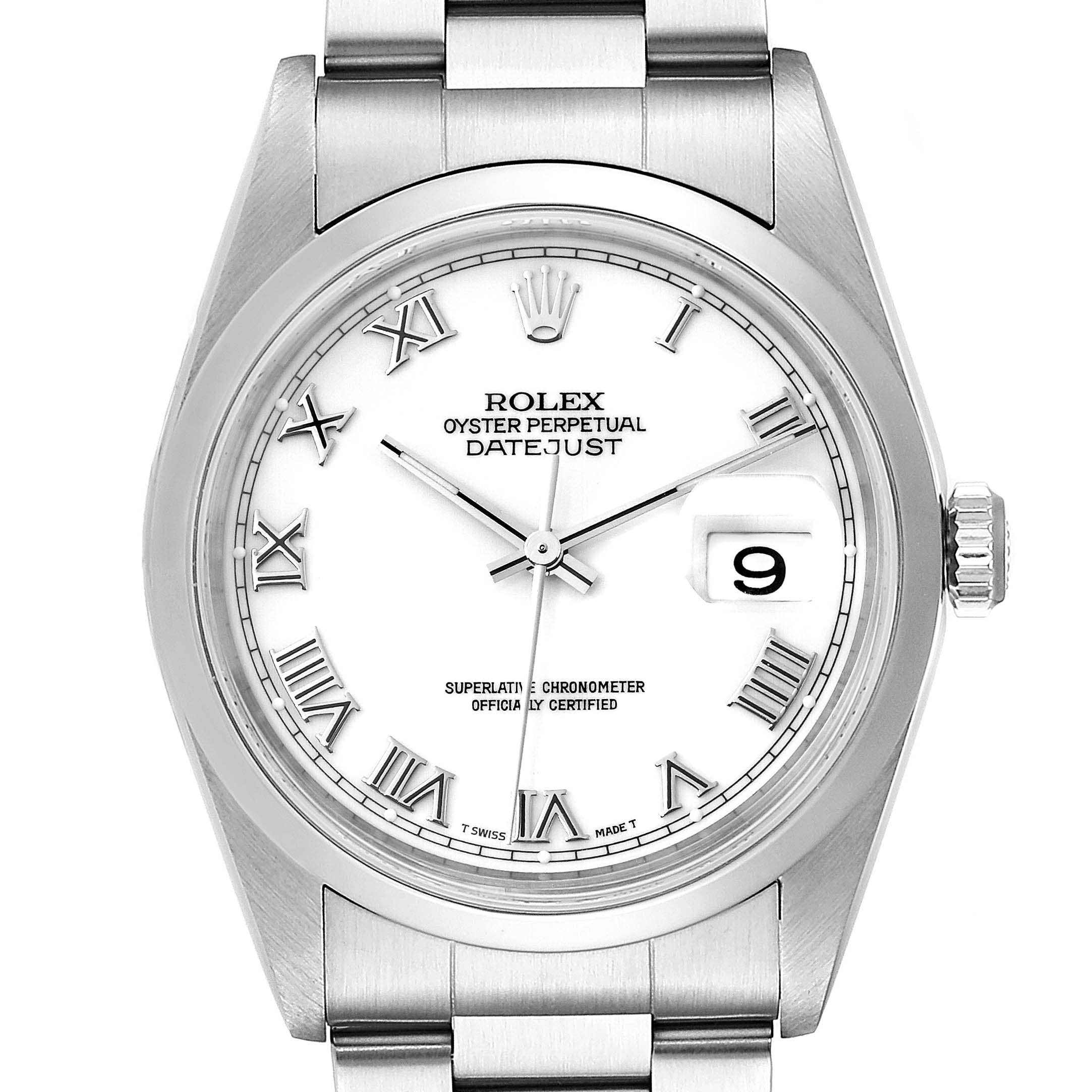 The image shows a Rolex Datejust 16200 Men's Stainless Steel White Dial 16200 Men's Stainless Steel White Dial watch from a top-down angle, highlighting the face, bezel, crown, and part of the bracelet.
