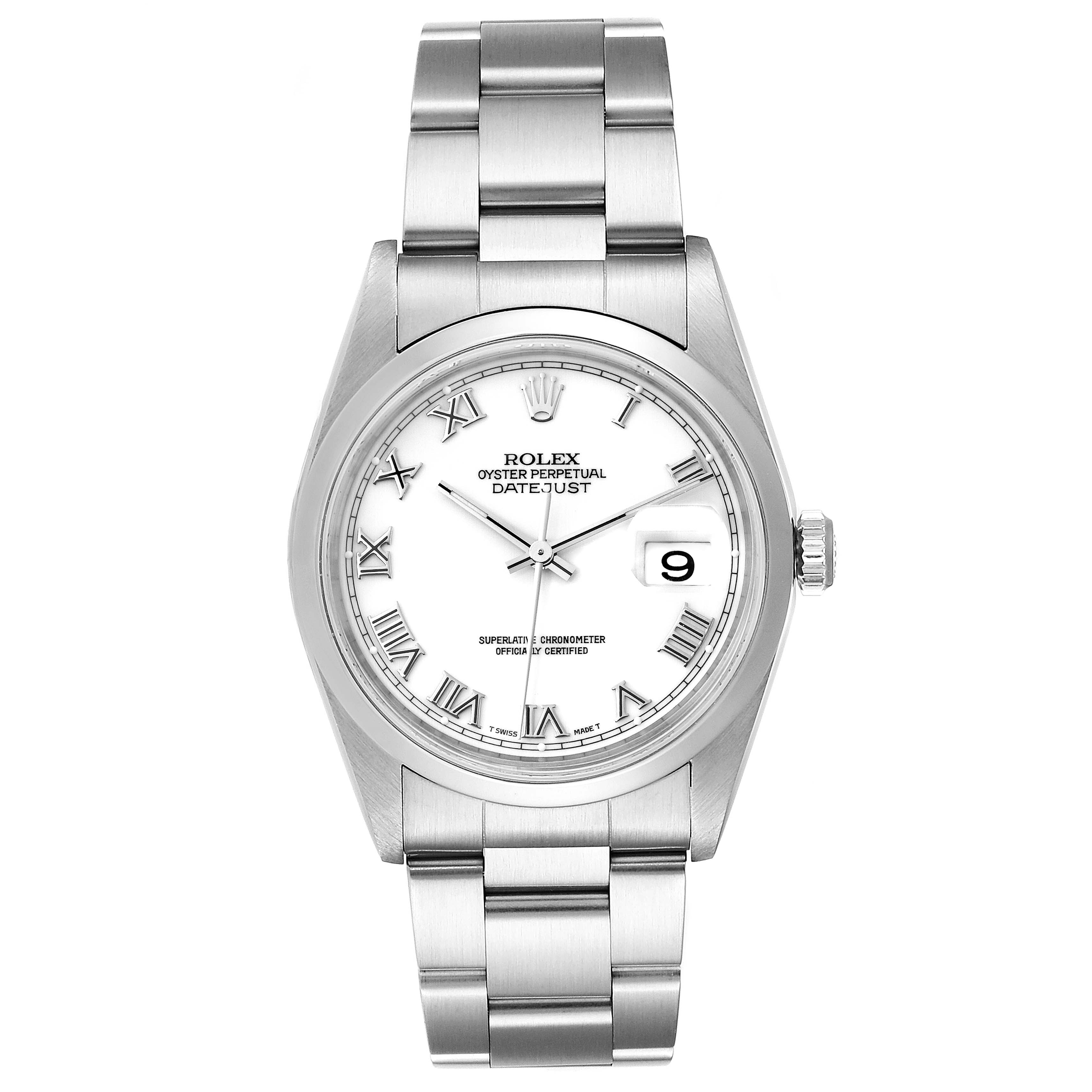 The image shows a front view of a Rolex Datejust 16200 Men's Stainless Steel White Dial 16200 Men's Stainless Steel White Dial watch, highlighting its white dial, stainless steel bracelet, and date display.