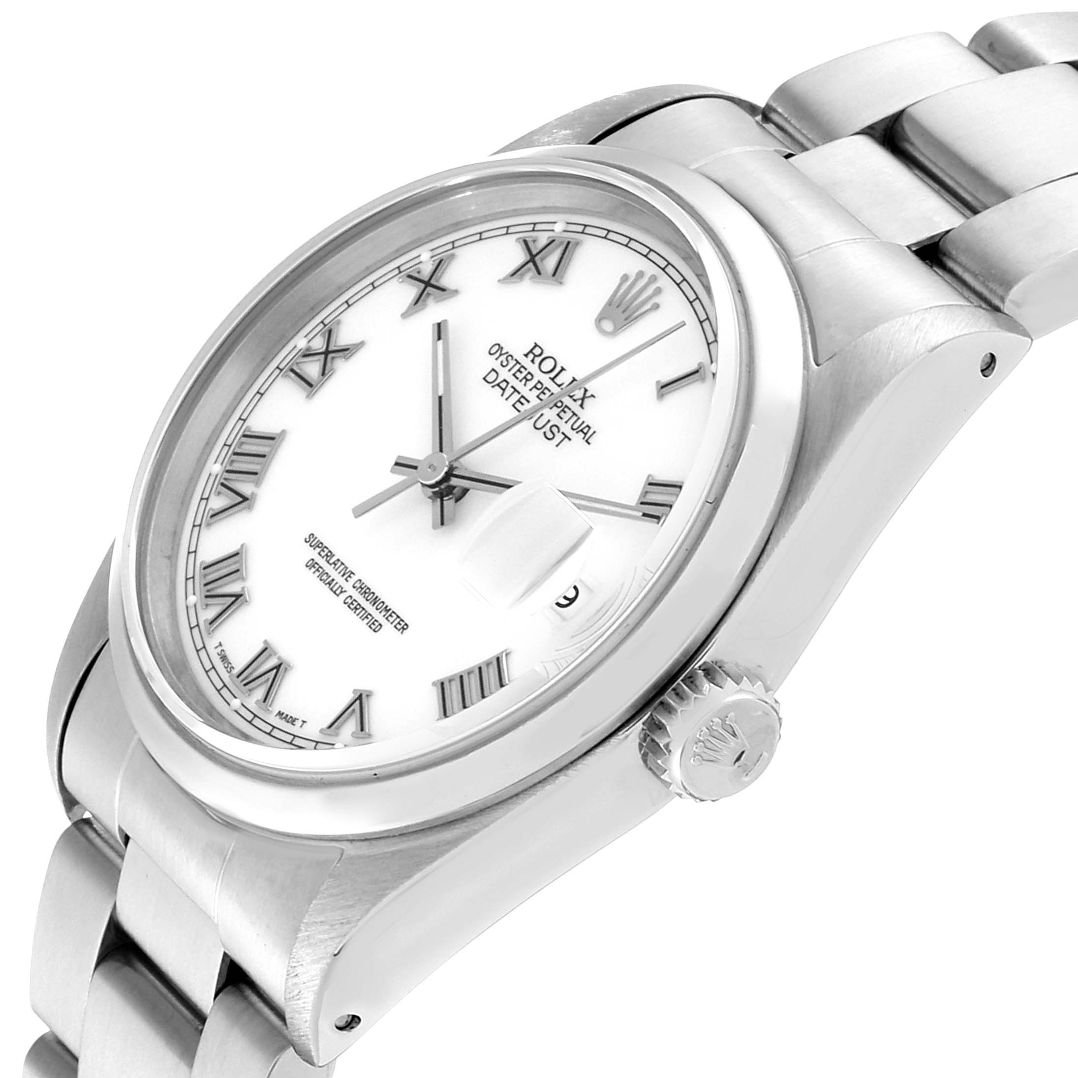The image shows a close-up angle of the Rolex Datejust 16200 Men's Stainless Steel White Dial 16200 Men's Stainless Steel White Dial watch, highlighting the dial, crown, and part of the bracelet.