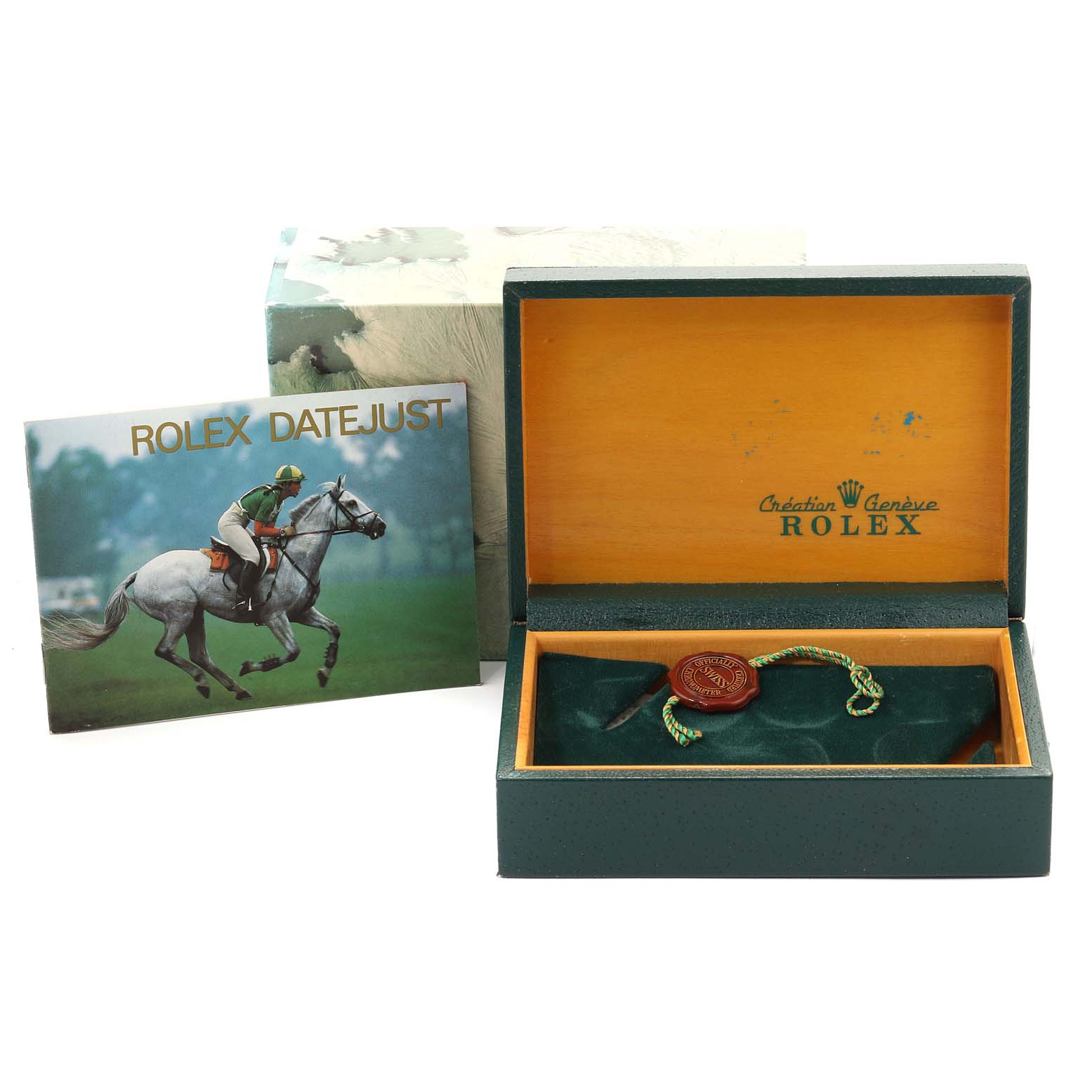 The image shows an open green box for a Rolex Datejust 16200 Men's Stainless Steel White Dial 16200 Men's Stainless Steel White Dial, alongside its booklet and an attached tag.