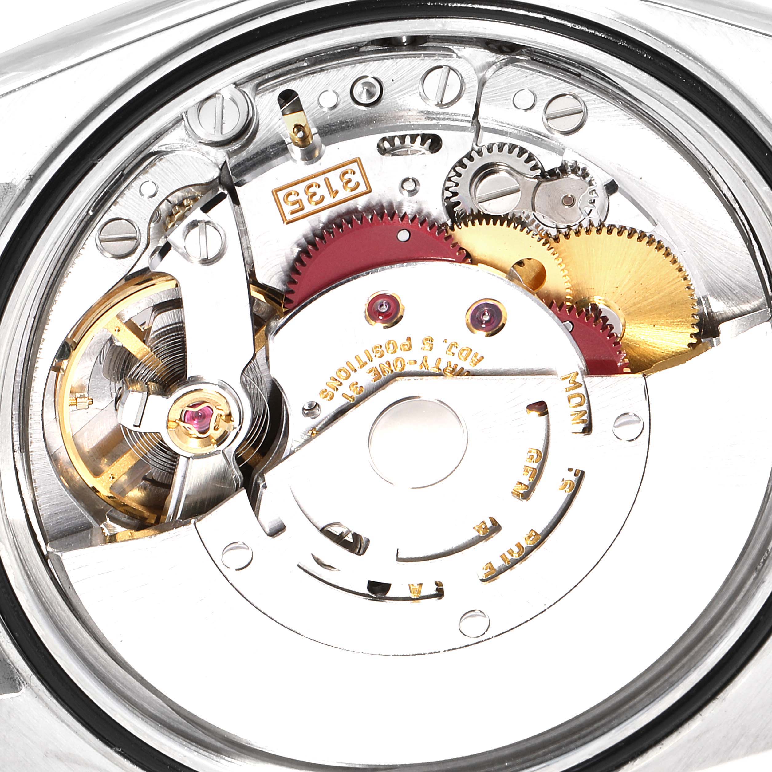 This image shows the internal mechanical movement of a Rolex Datejust 16200 Men's Stainless Steel White Dial 16200 Men's Stainless Steel White Dial watch captured from the back.