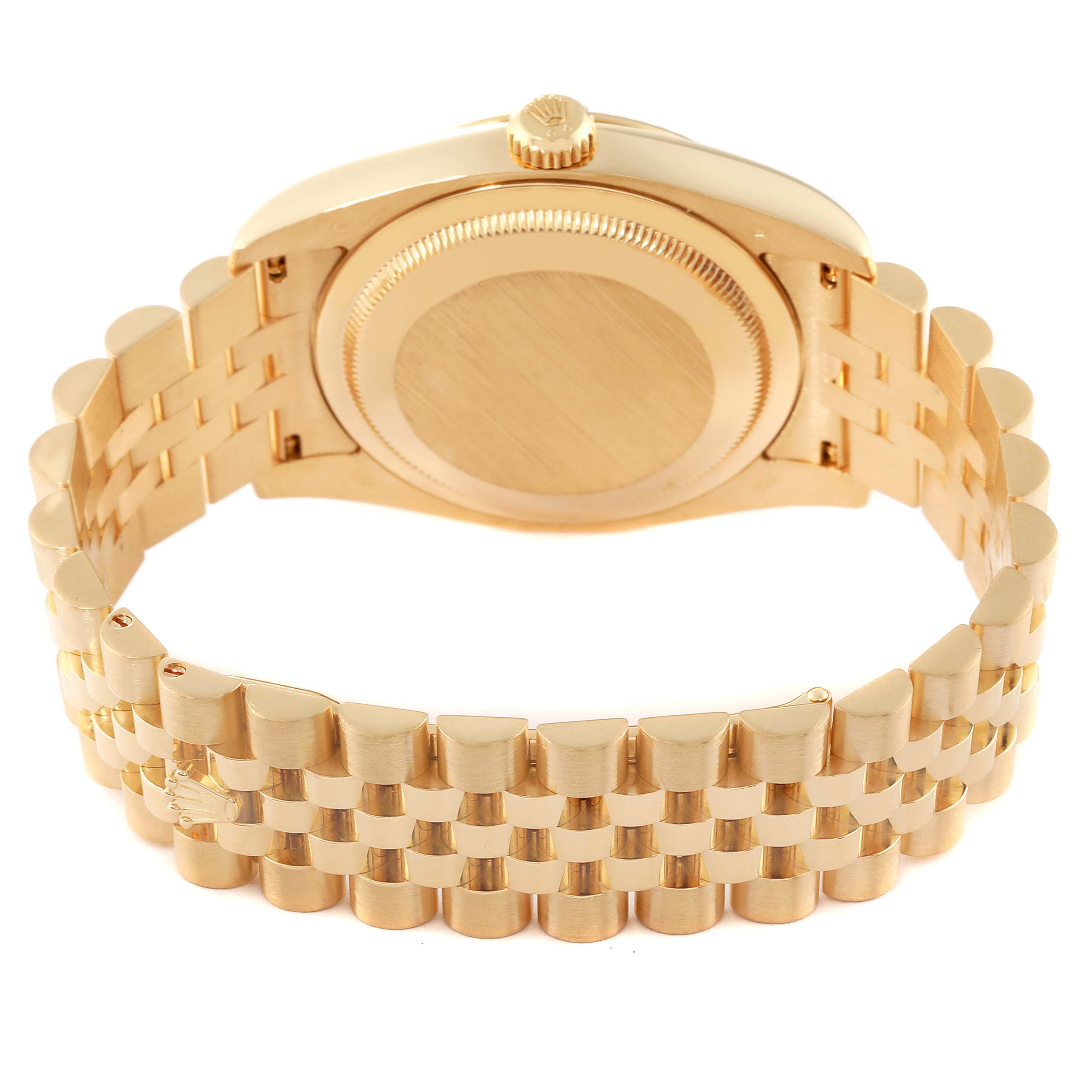 This image shows the back case and bracelet of a Rolex Datejust 116238 Men's Yellow Gold Mother of Pearl Dial 116238 Men's Yellow Gold Mother of Pearl Dial watch in gold, viewed from the rear.