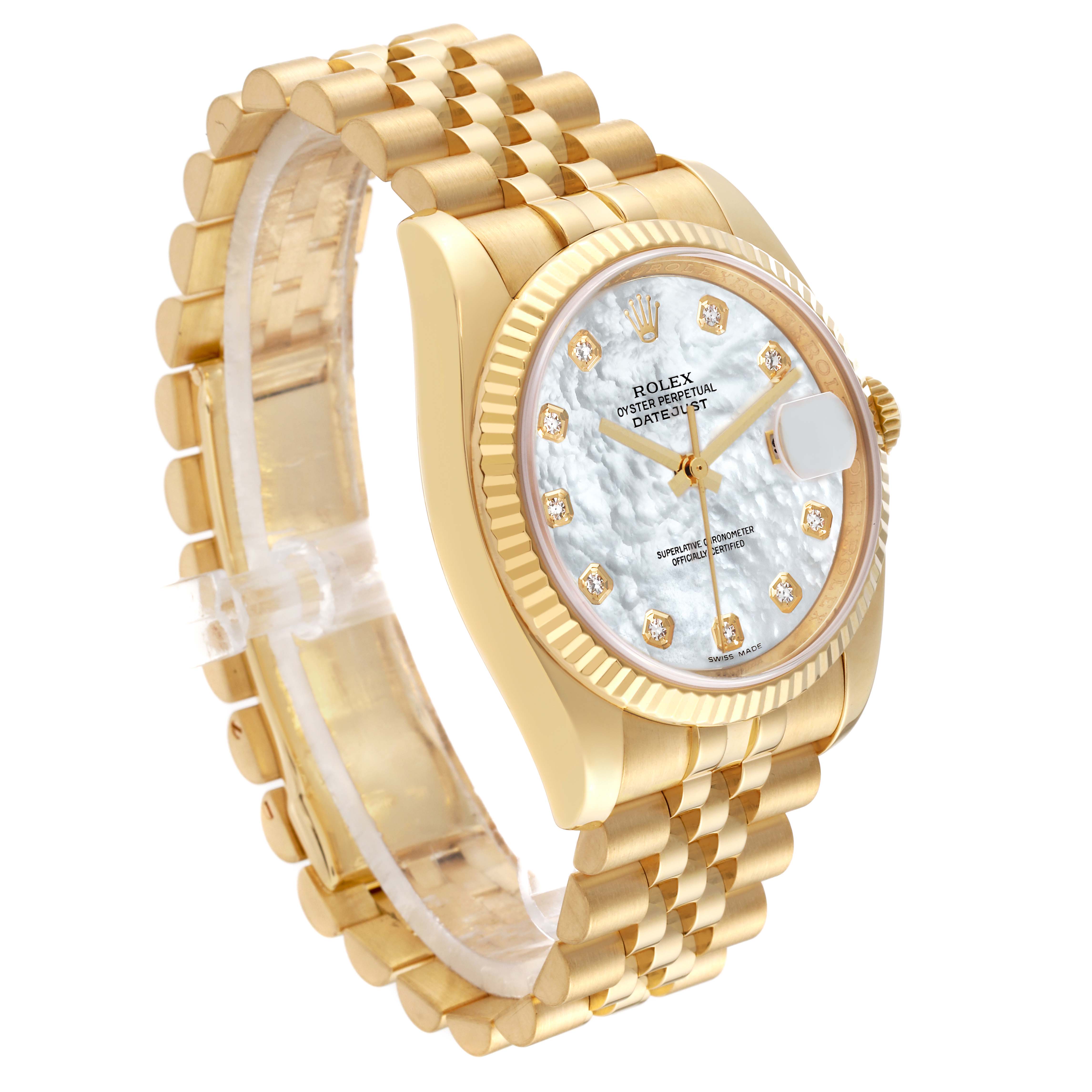 The image shows a Rolex Datejust 116238 Men's Yellow Gold Mother of Pearl Dial 116238 Men's Yellow Gold Mother of Pearl Dial watch at a three-quarter angle, highlighting its bracelet, case, and dial with diamond hour markers.