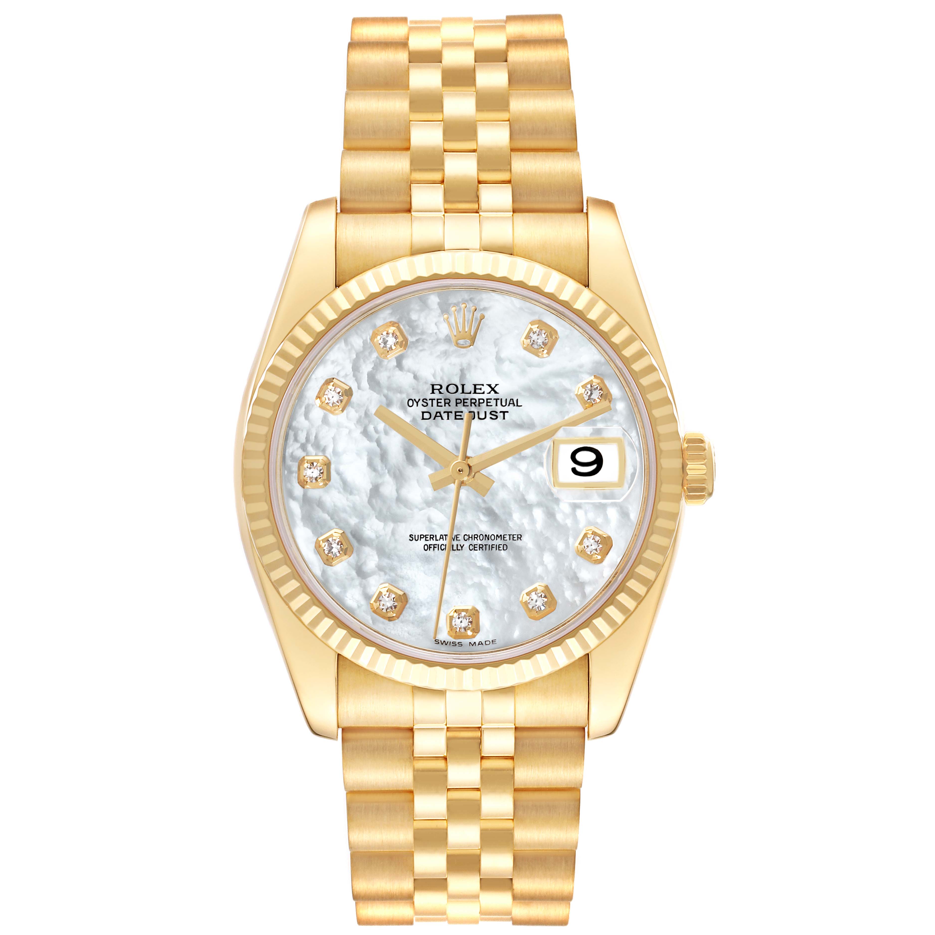 This image shows a frontal view of the Rolex Datejust 116238 Men's Yellow Gold Mother of Pearl Dial 116238 Men's Yellow Gold Mother of Pearl Dial watch, highlighting its face, bezel, bracelet, and crown.