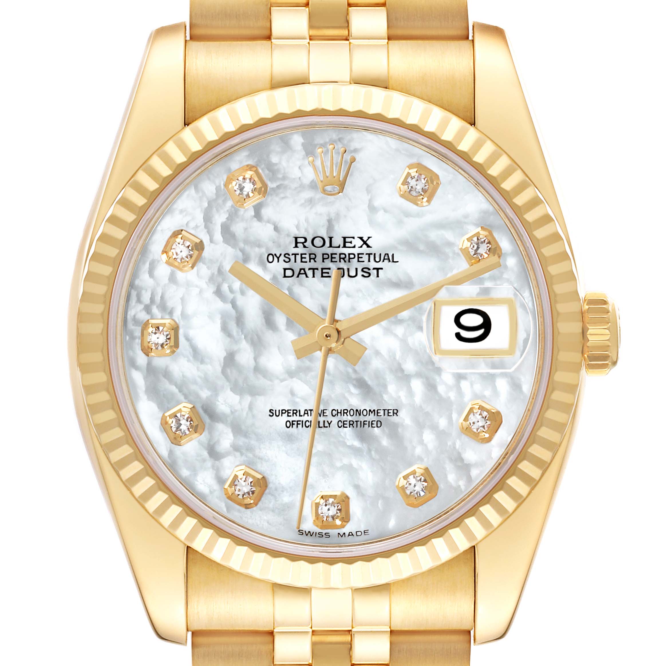 This image shows a frontal view of a Rolex Datejust 116238 Men's Yellow Gold Mother of Pearl Dial 116238 Men's Yellow Gold Mother of Pearl Dial watch, highlighting its mother-of-pearl dial, gold casing, and diamond hour markers.