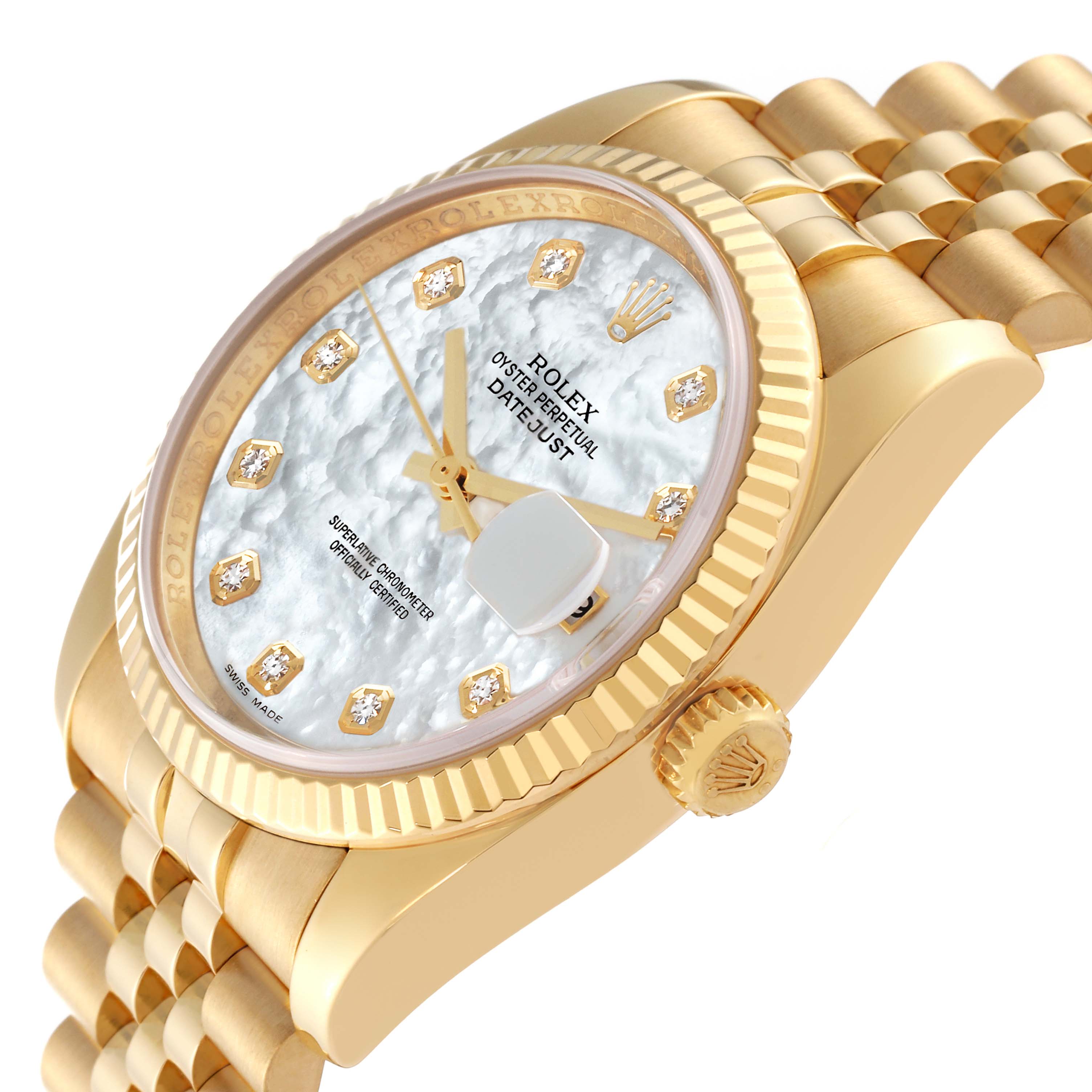 The image shows a close-up angled view of the Rolex Datejust 116238 Men's Yellow Gold Mother of Pearl Dial 116238 Men's Yellow Gold Mother of Pearl Dial watch, highlighting its gold bracelet, bezel, and diamond-studded dial.