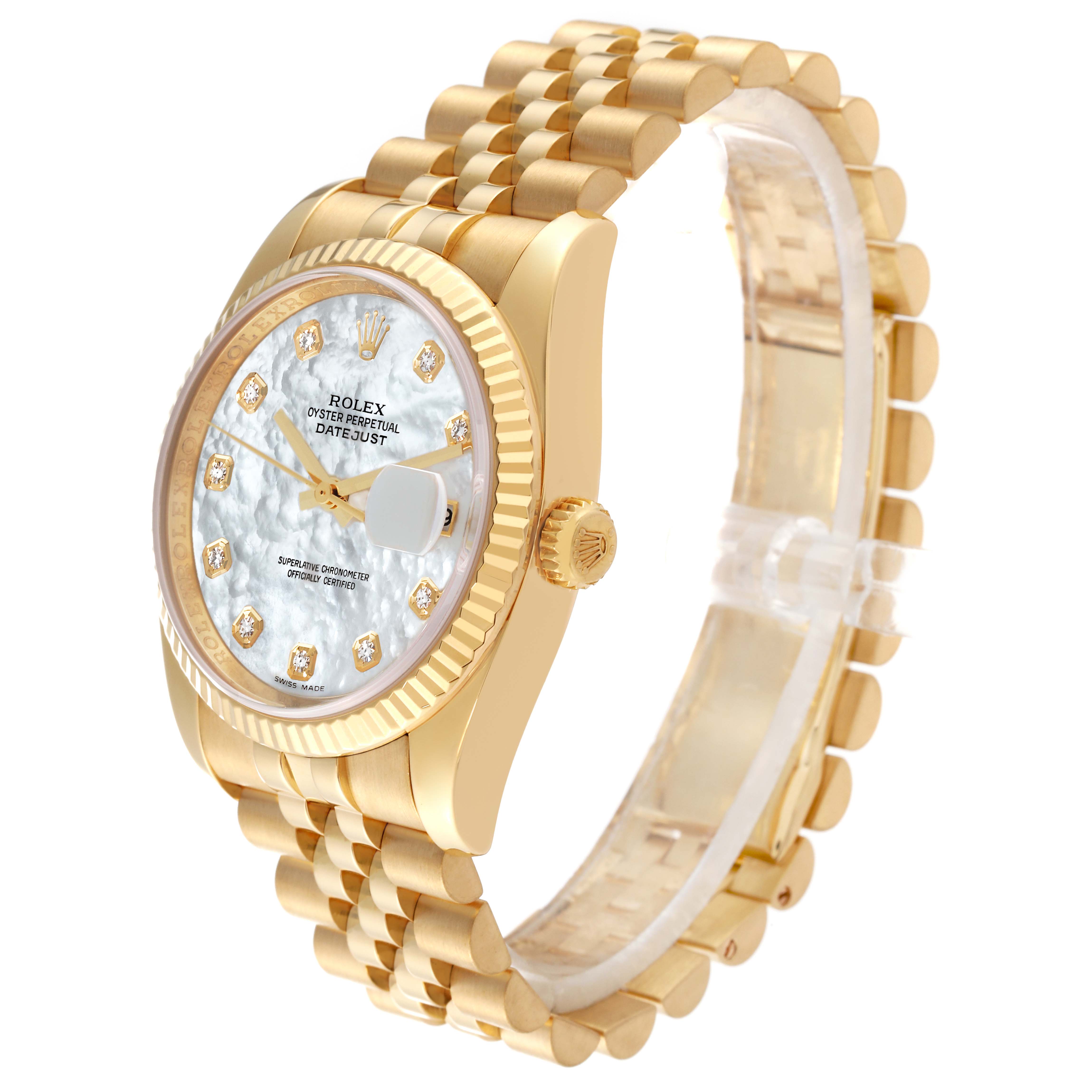This image shows a Rolex Datejust 116238 Men's Yellow Gold Mother of Pearl Dial 116238 Men's Yellow Gold Mother of Pearl Dial watch at a 3/4 angle highlighting the face, bezel, crown, and bracelet.