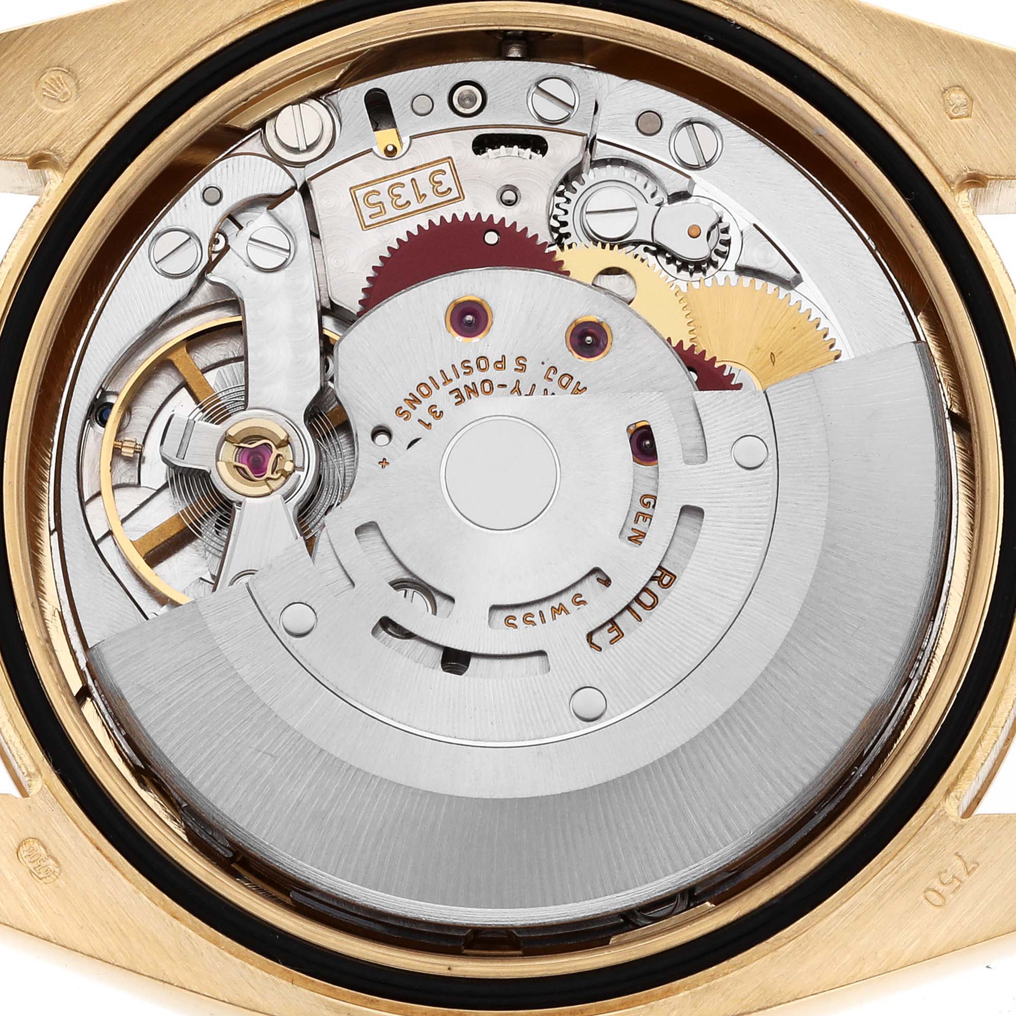The image shows the internal mechanical movement of a Rolex Datejust 116238 Men's Yellow Gold Mother of Pearl Dial 116238 Men's Yellow Gold Mother of Pearl Dial watch, viewed from the case back.