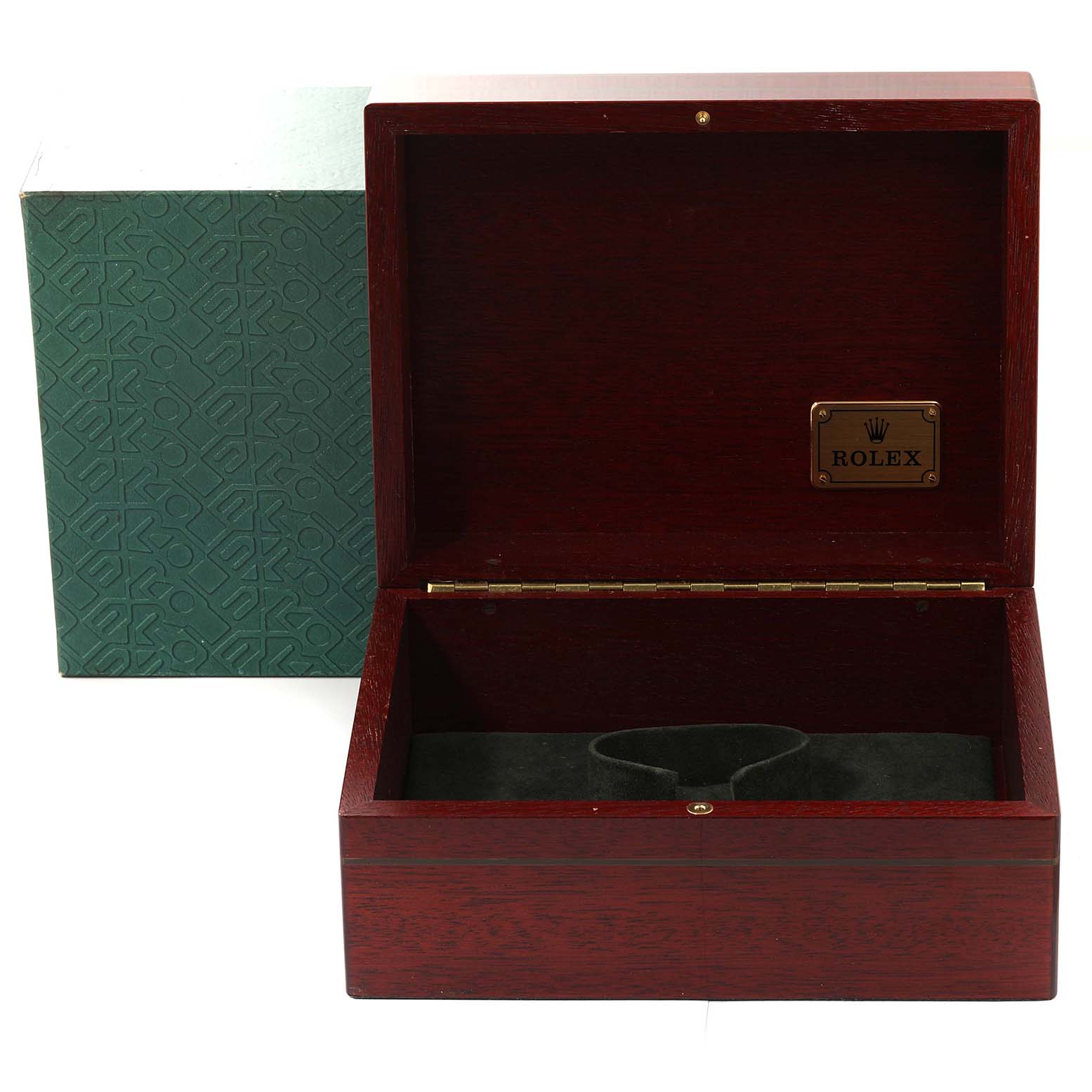 The image shows a Rolex Datejust 116238 Men's Yellow Gold Mother of Pearl Dial 116238 Men's Yellow Gold Mother of Pearl Dial watch wooden box, open with green packaging beside it.