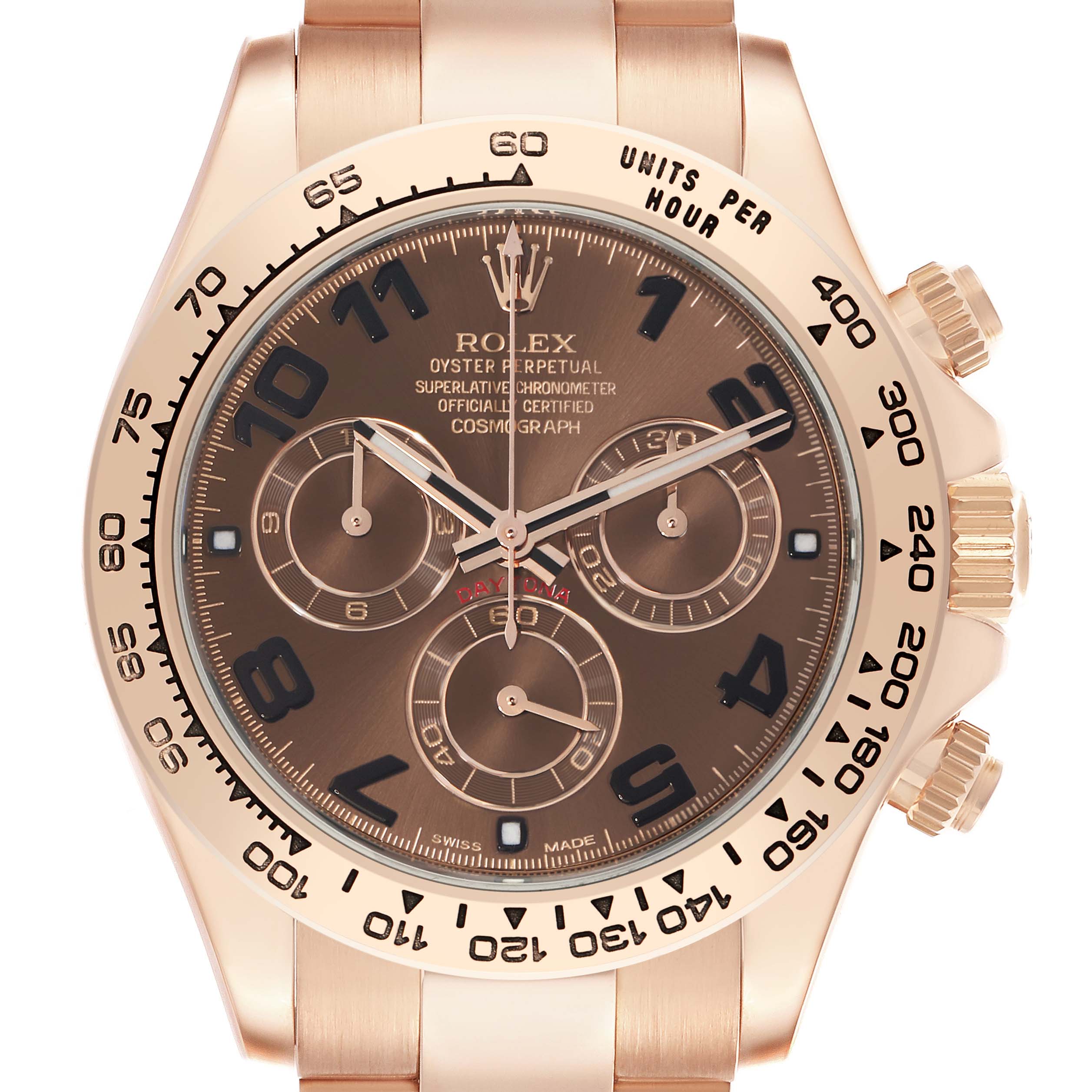 The Rolex Daytona 116505 Men's Rose Gold Brown Dial watch is shown from a frontal angle, highlighting the dial, bezel, pushers, and part of the bracelet.