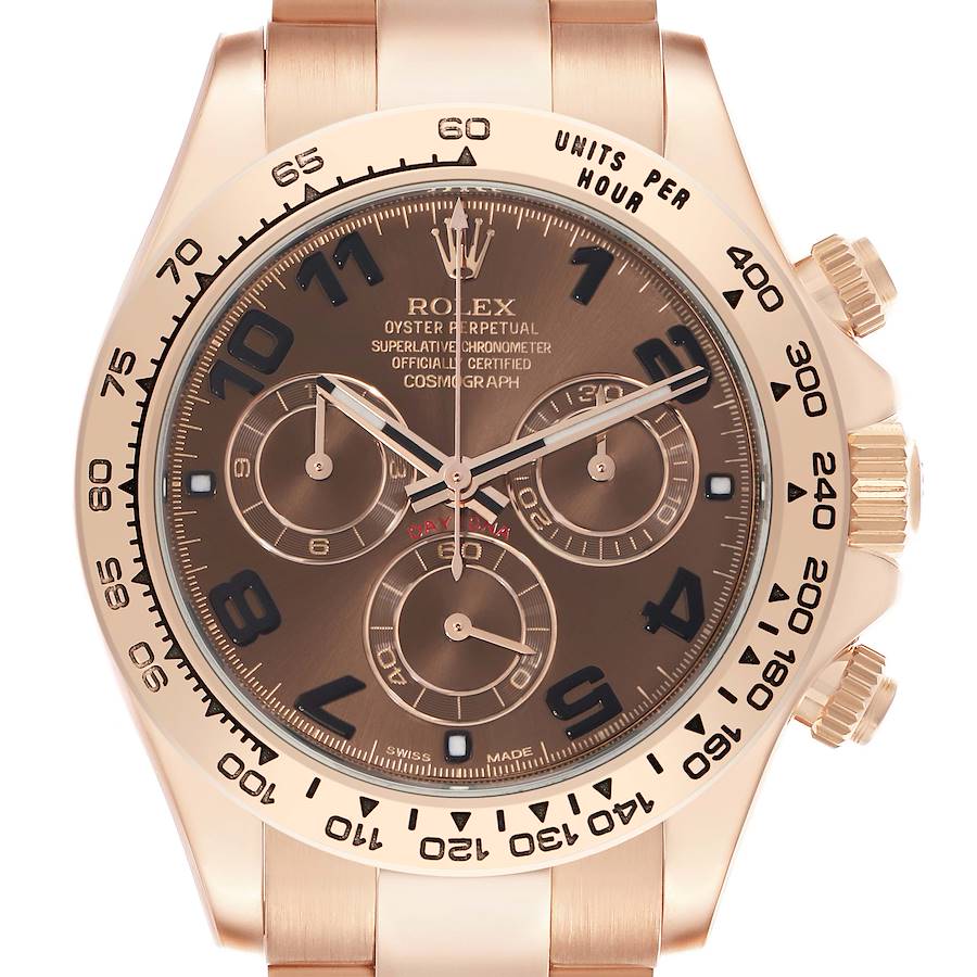 The Rolex Daytona 116505 Men's Rose Gold Brown Dial watch is shown from a frontal angle, highlighting the dial, bezel, pushers, and part of the bracelet.
