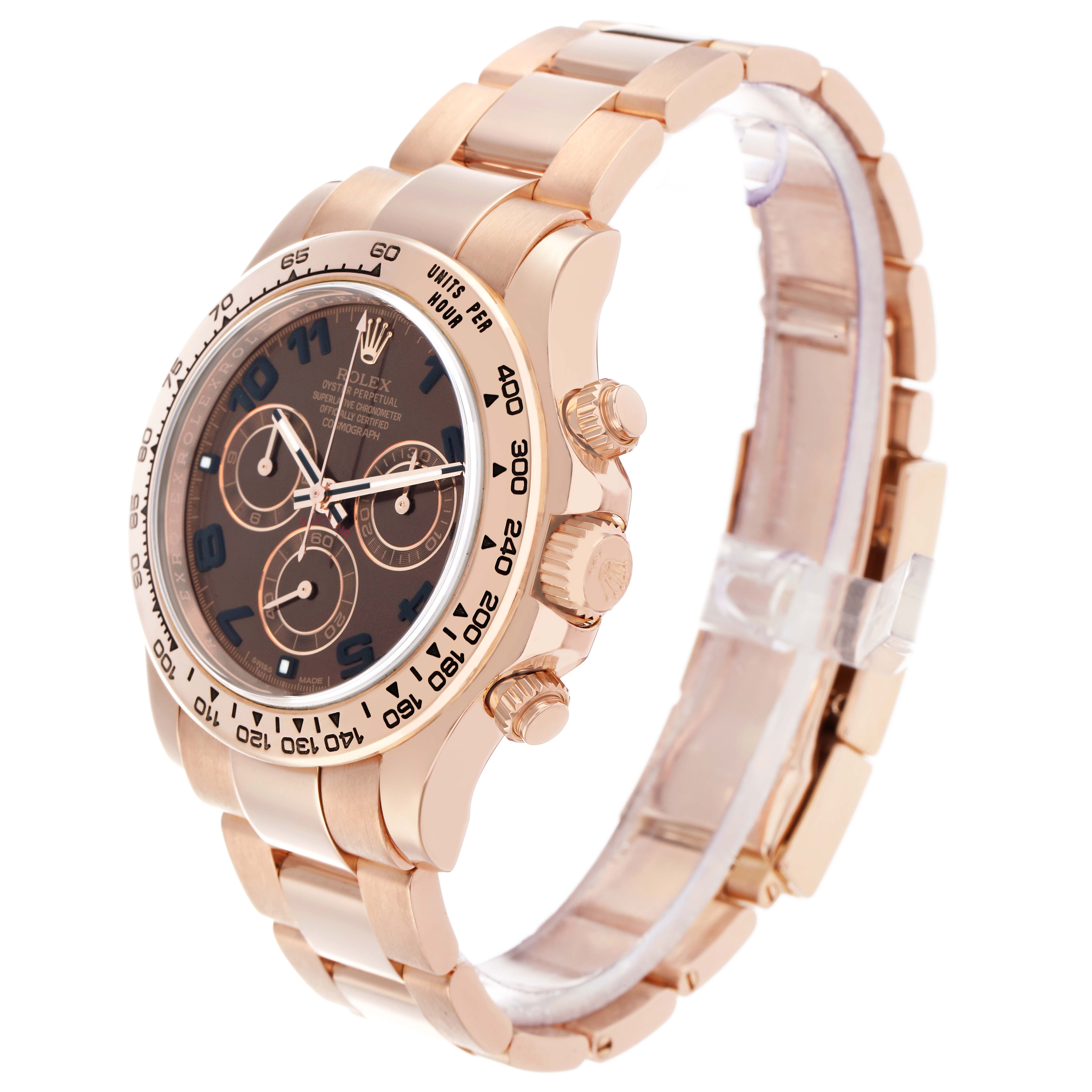 The Rolex Daytona 116505 Men's Rose Gold Brown Dial watch is shown at a three-quarter angle, highlighting the case, bezel, and bracelet.