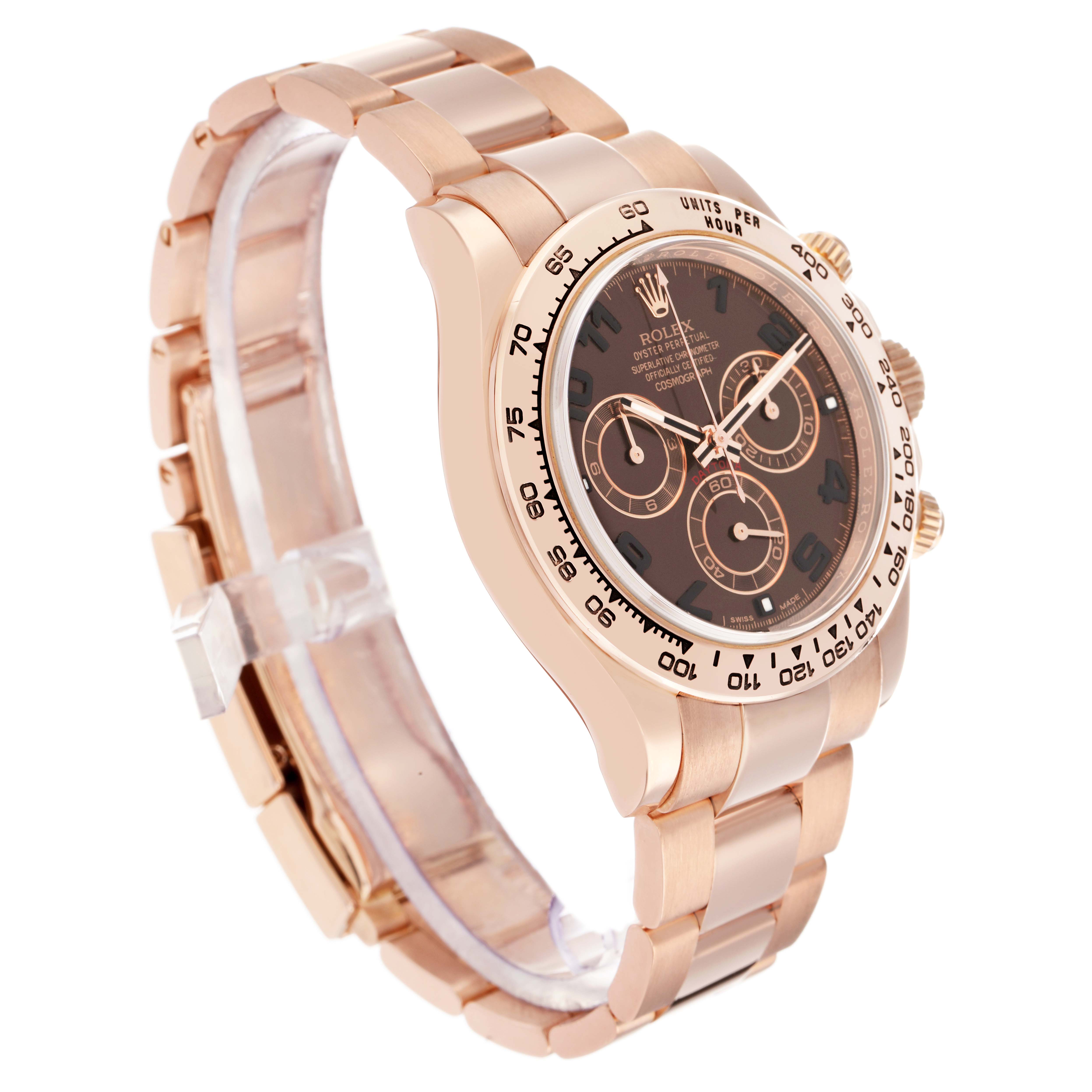 The Rolex Daytona 116505 Men's Rose Gold Brown Dial watch is shown at a three-quarter angle, highlighting the dial, bezel, crown, and bracelet.