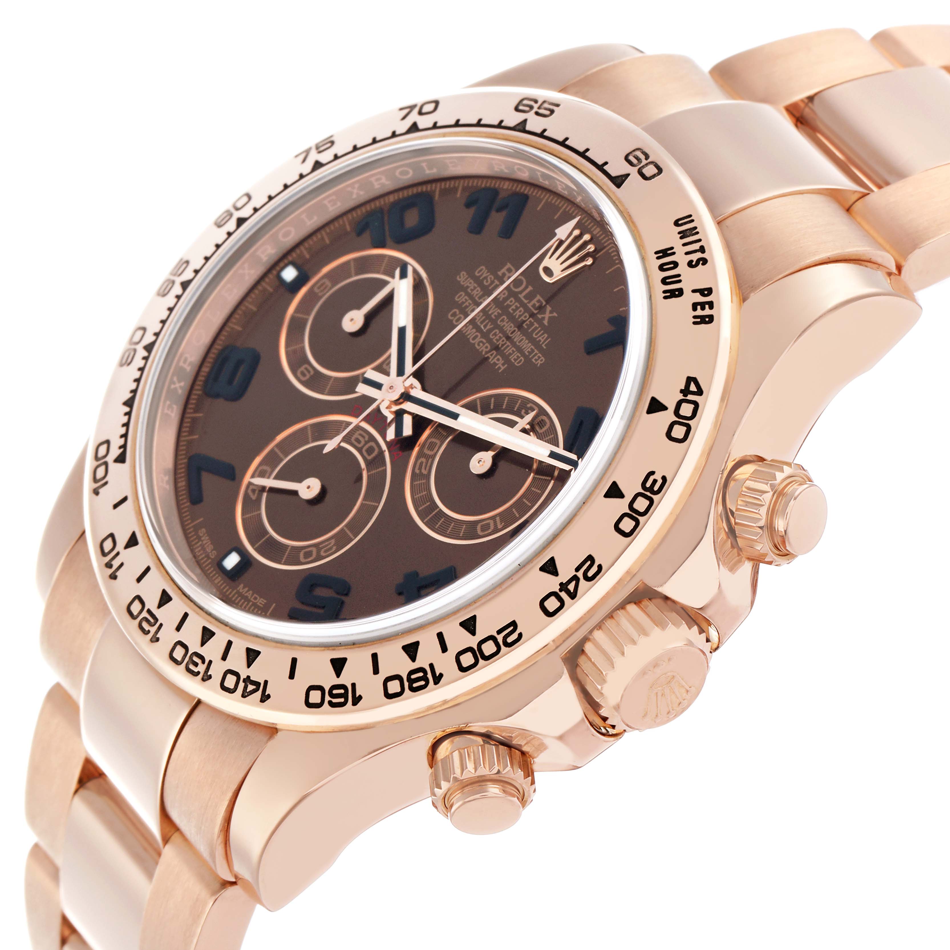 The Rolex Daytona 116505 Men's Rose Gold Brown Dial watch is shown at an angled side view, displaying the face, bezel, and part of the bracelet.