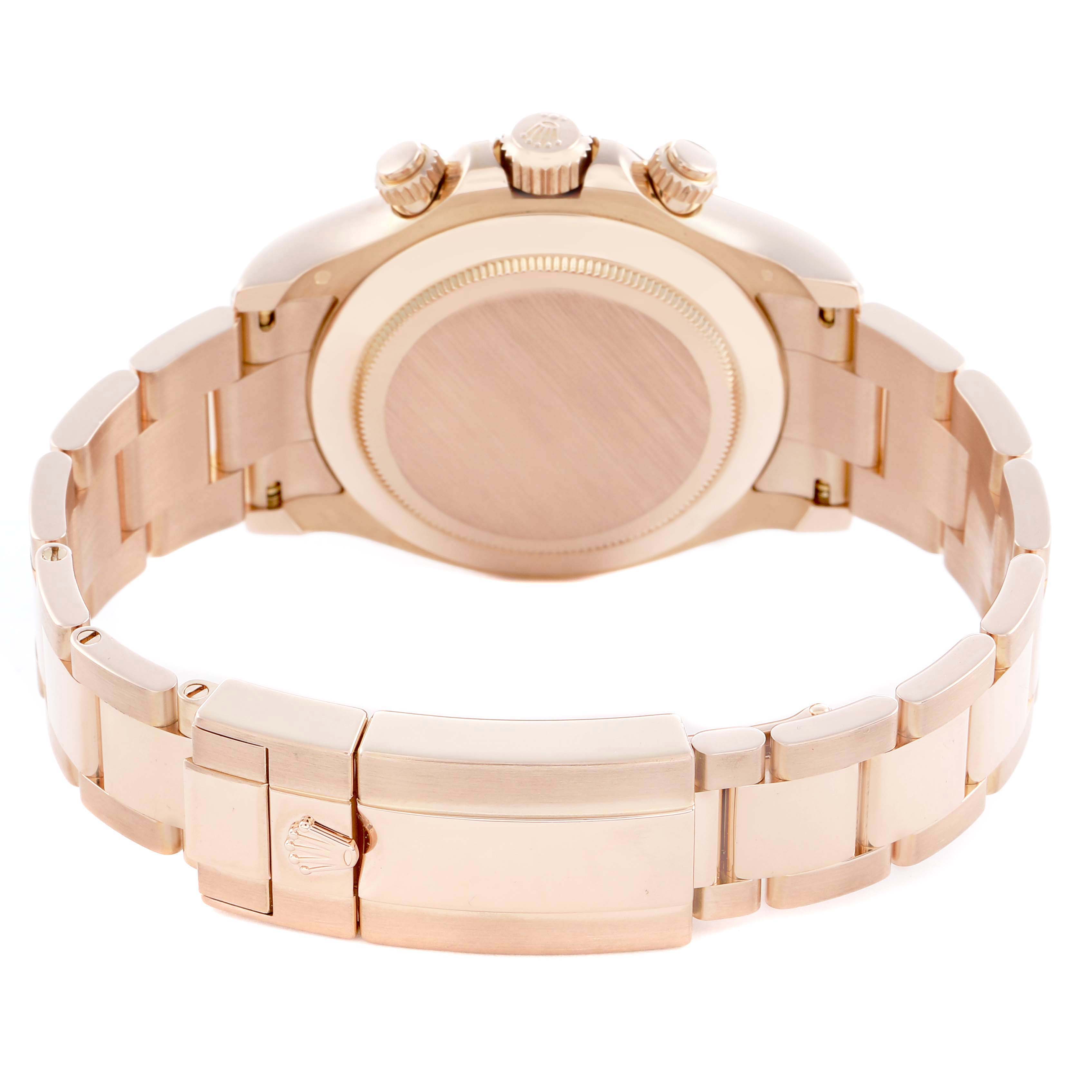 The image shows the back view of a Rolex Daytona 116505 Men's Rose Gold Brown Dial watch, highlighting the case back, bracelet, buckle, and crown.