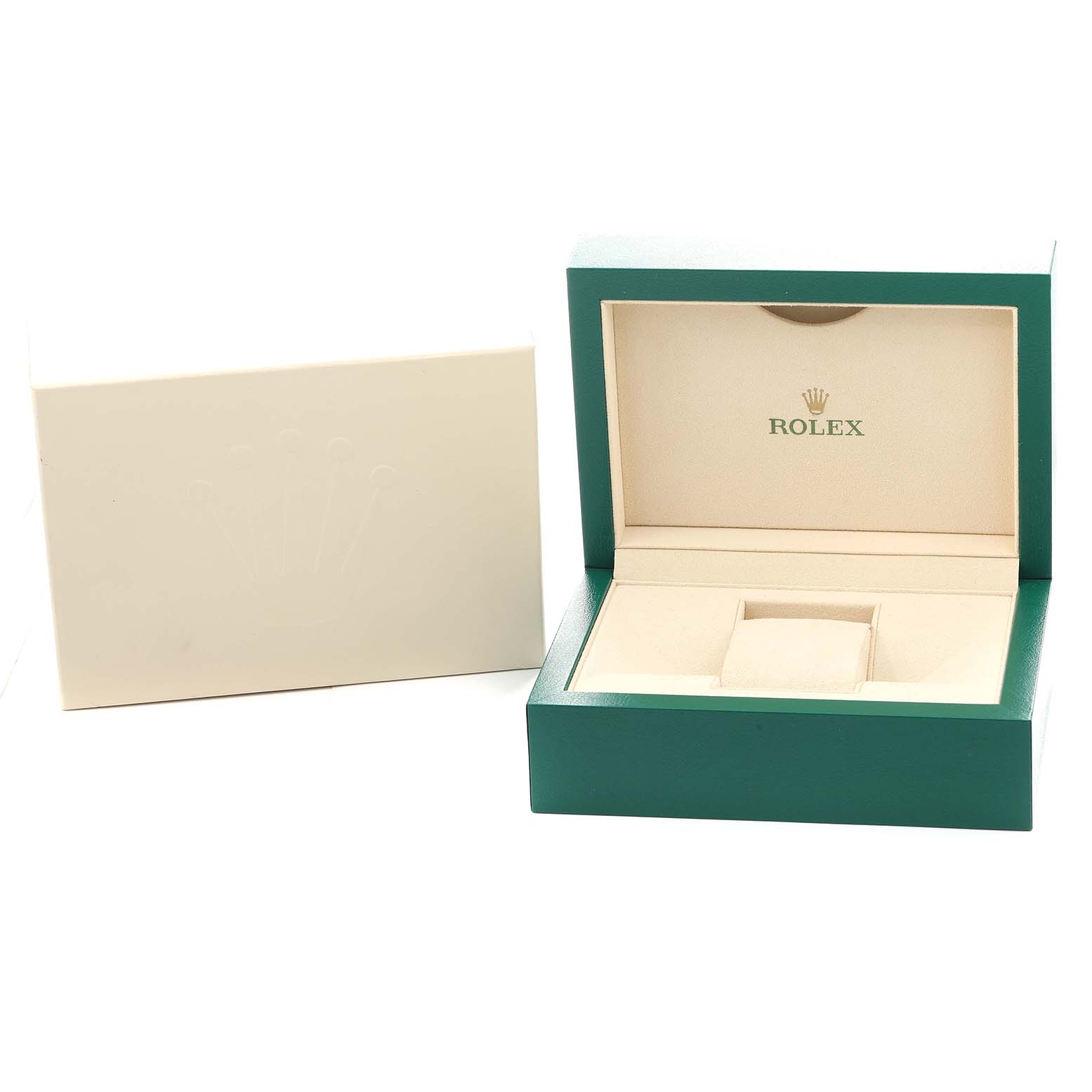 The image shows an open green and beige Rolex Daytona 116505 Men's Rose Gold Brown Dial watch box and an outer box viewed from a front angle.