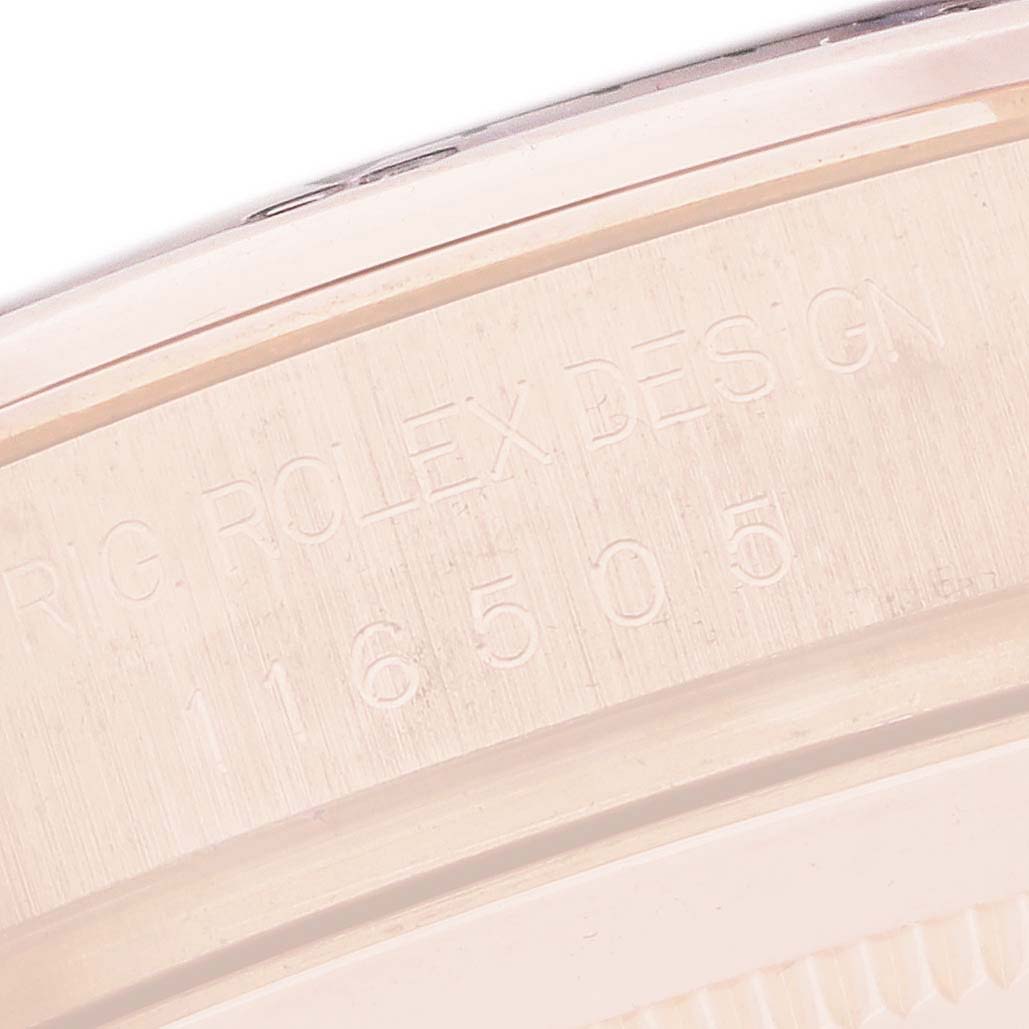 The image shows the side of a Rolex Daytona 116505 Men's Rose Gold Brown Dial watch case, highlighting the "ROLEX DESIGN" engraving and model number 116505.