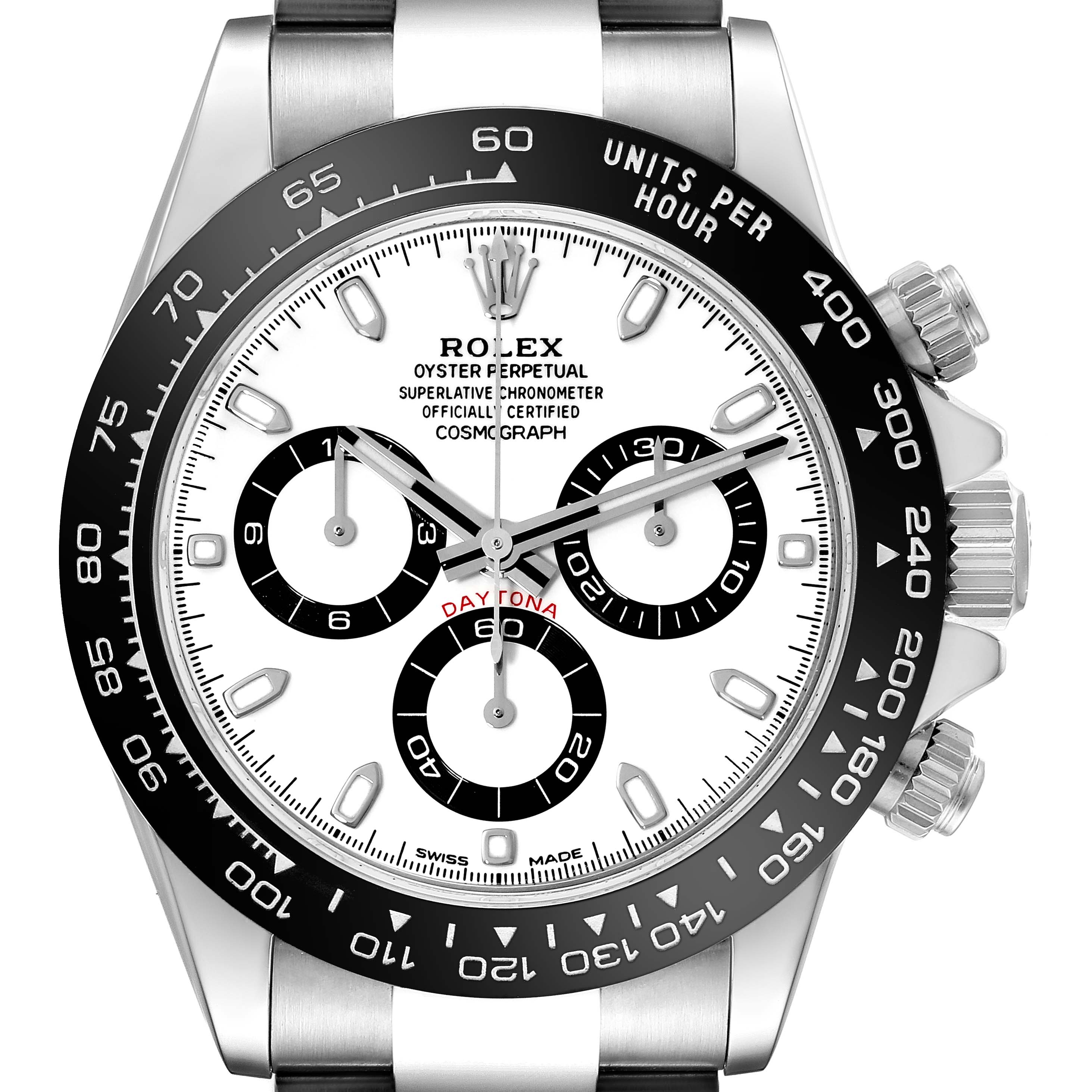 The image shows a front view of a Rolex Daytona 116500LN Men's Stainless Steel White Dial 116500LN Men's Stainless Steel White Dial watch, highlighting its dial, subdials, bezel, and crown.
