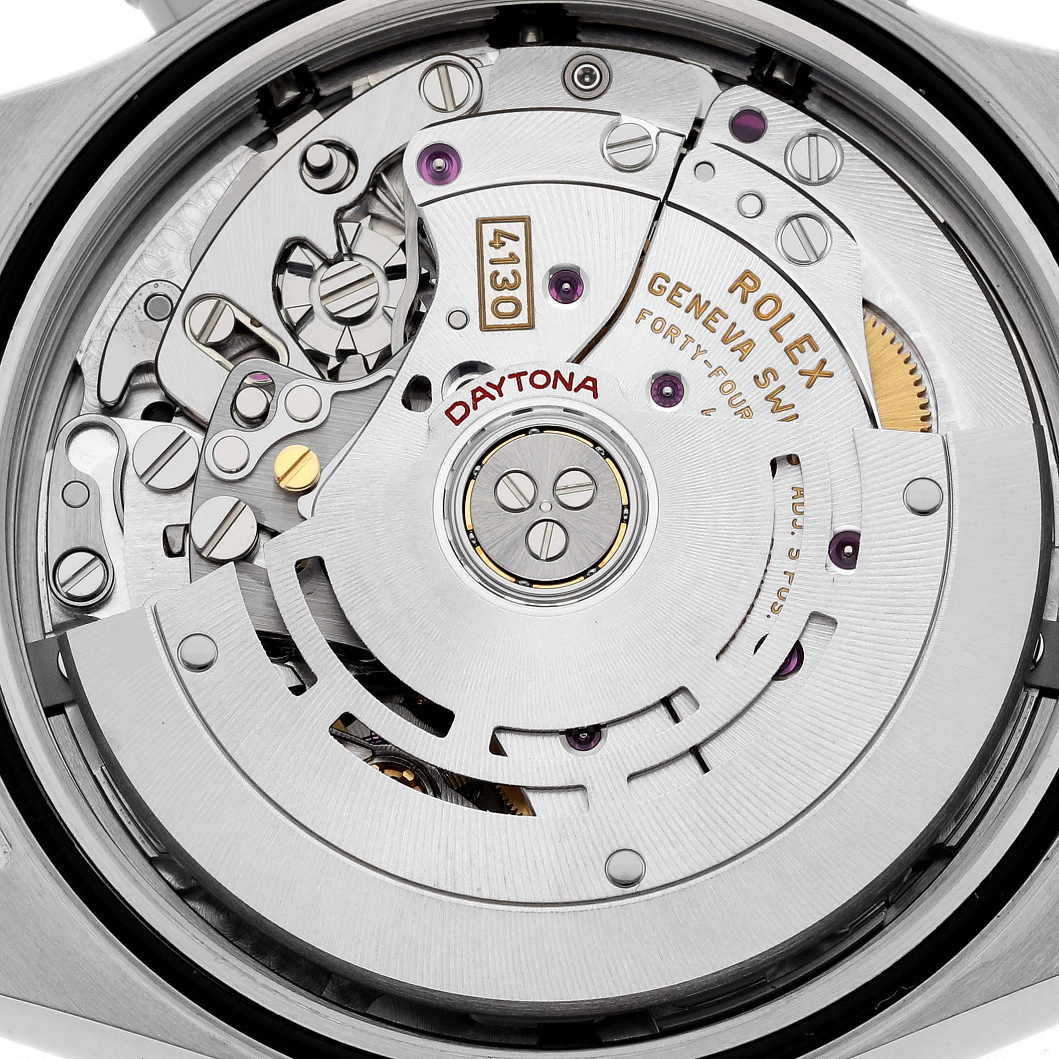 This image shows the intricate internal mechanics of a Rolex Daytona 116500LN Men's Stainless Steel White Dial 116500LN Men's Stainless Steel White Dial watch, revealing its movement and components.