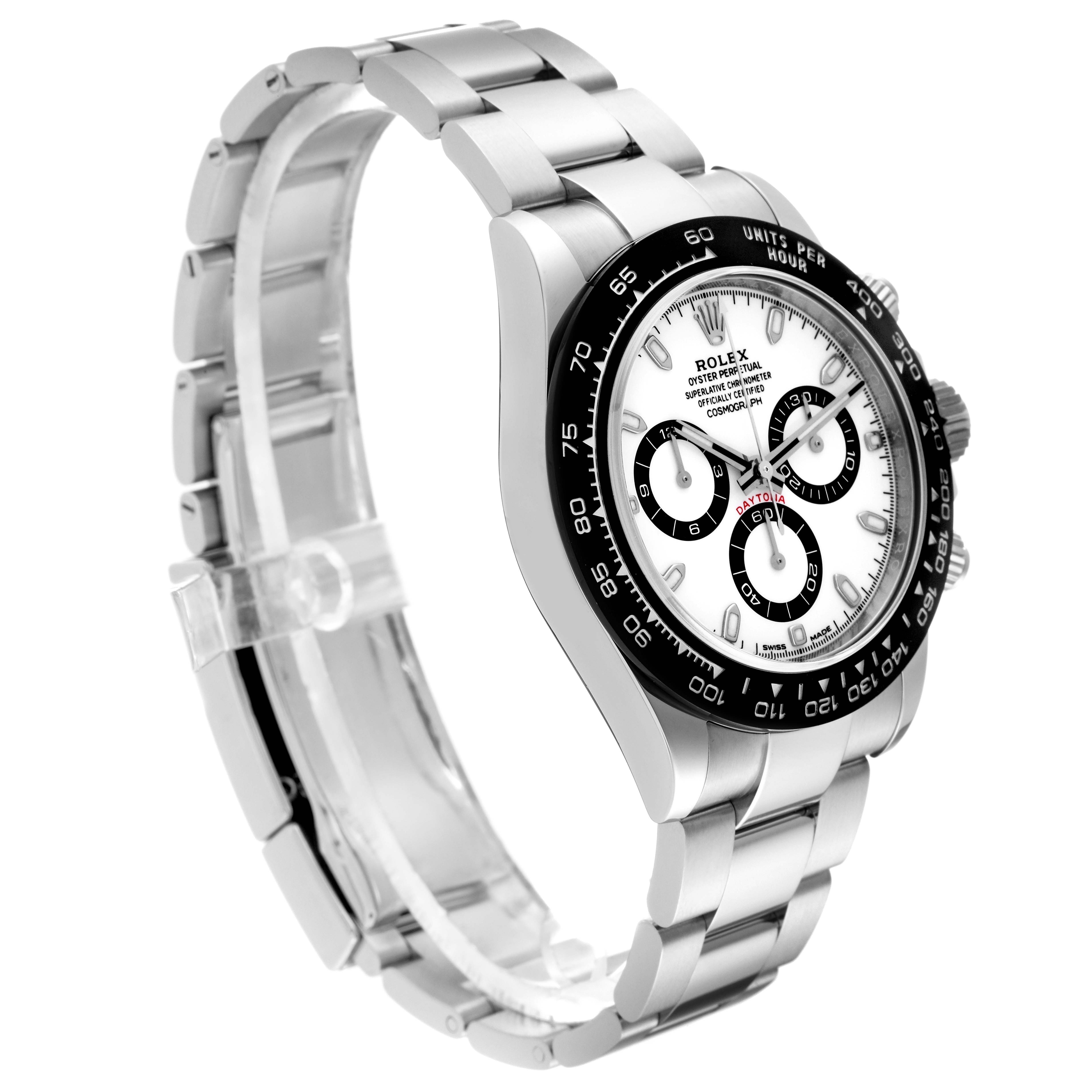 The image shows a side angle of a Rolex Daytona 116500LN Men's Stainless Steel White Dial 116500LN Men's Stainless Steel White Dial watch displaying the bracelet and watch face.