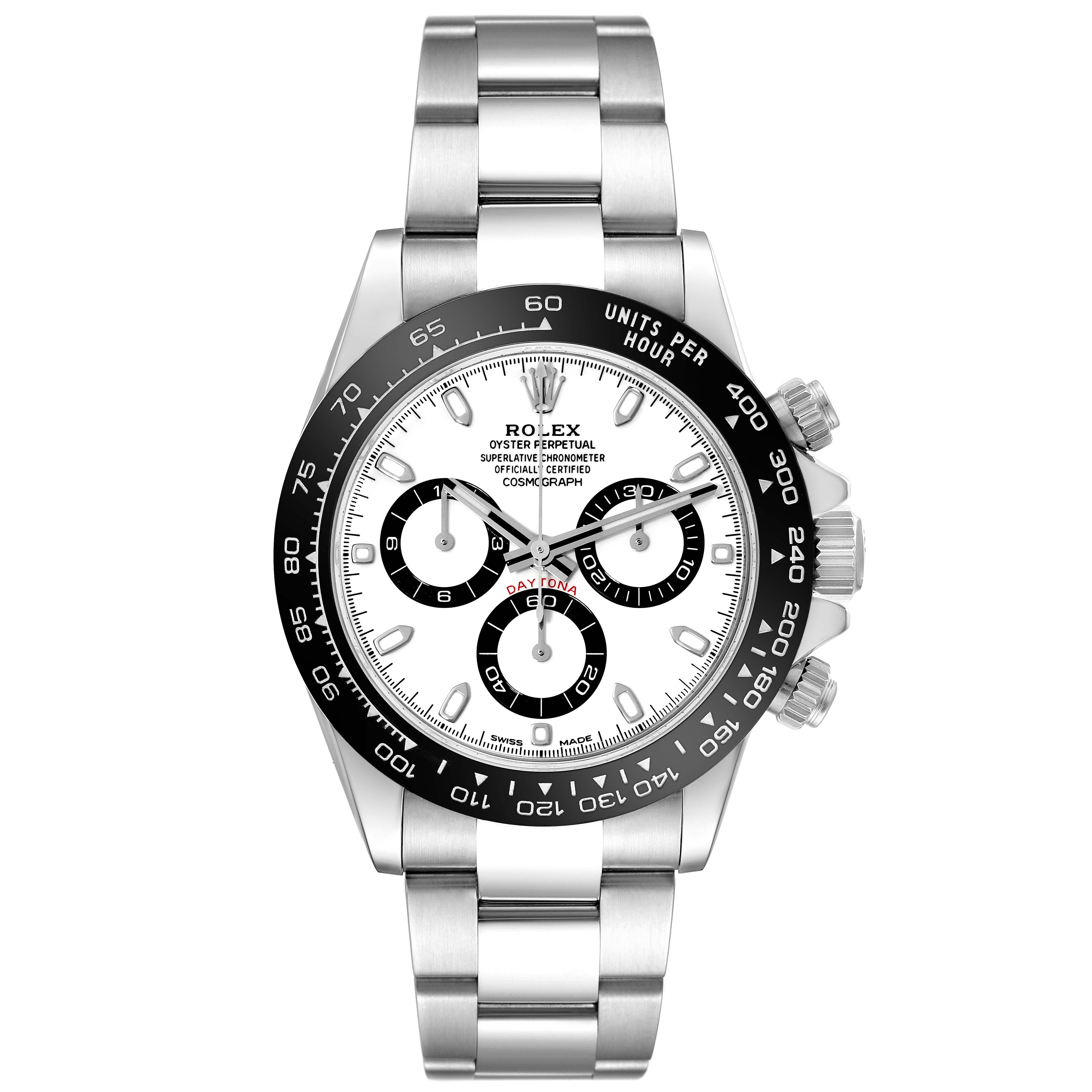 This image shows a front view of a Rolex Daytona 116500LN Men's Stainless Steel White Dial 116500LN Men's Stainless Steel White Dial watch, displaying the dial, bezel, and metal bracelet.