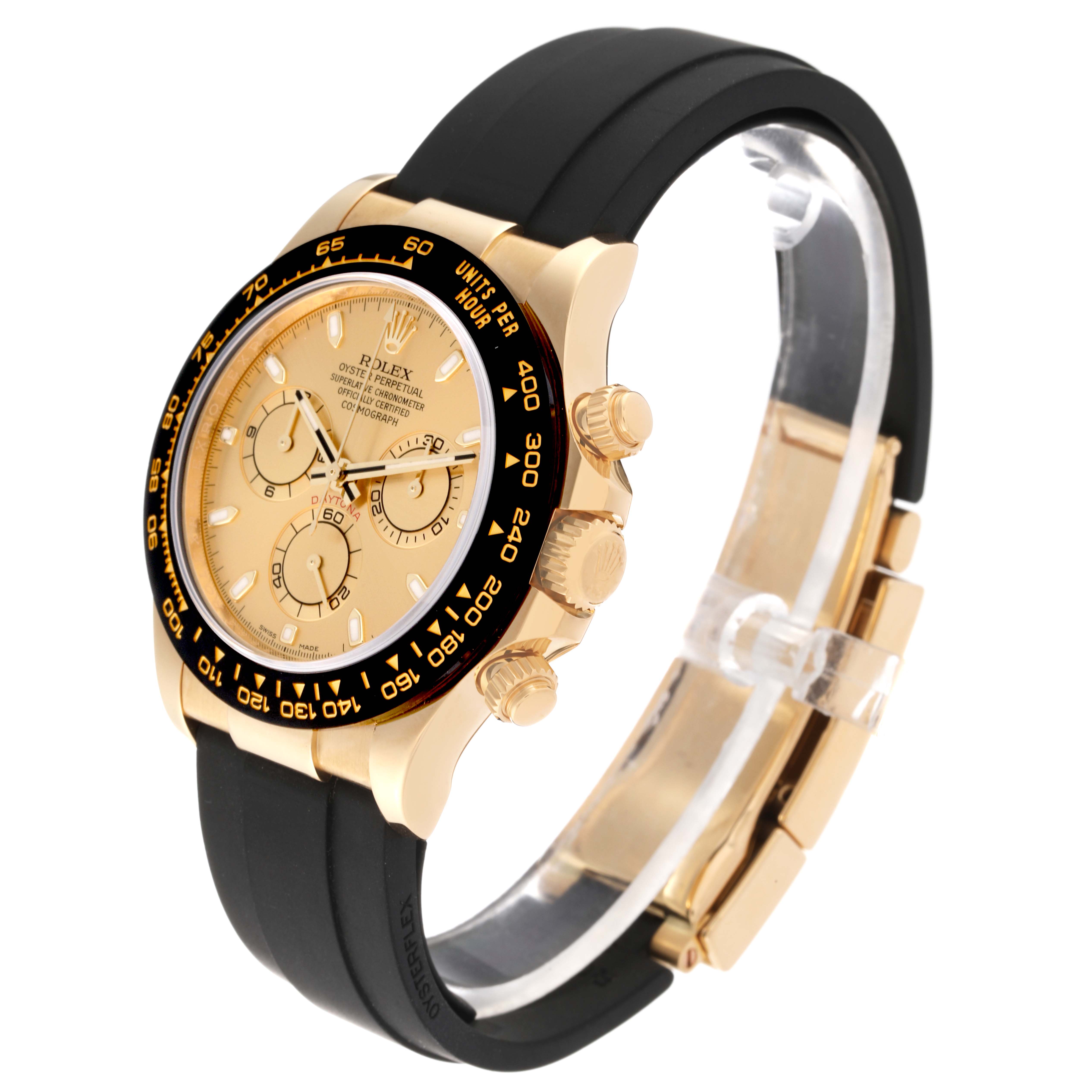 The image shows a side angle of the Rolex Daytona 116518 Men's Yellow Gold Champagne Dial 116518 Men's Yellow Gold Champagne Dial watch featuring a black bezel, gold case, black strap, and the three subdials on the face.