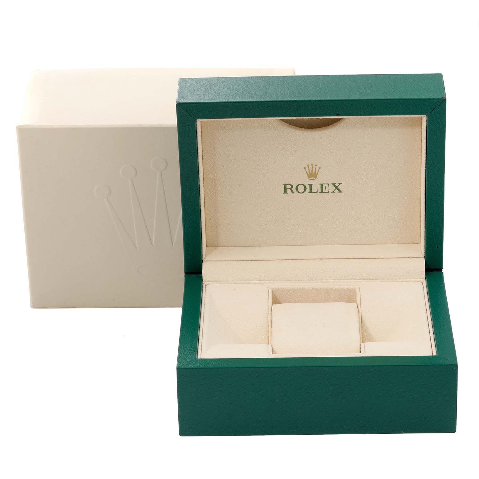 The image shows an open Rolex Daytona 116518 Men's Yellow Gold Champagne Dial 116518 Men's Yellow Gold Champagne Dial watch box from a front angle, featuring a green exterior and a cream interior.