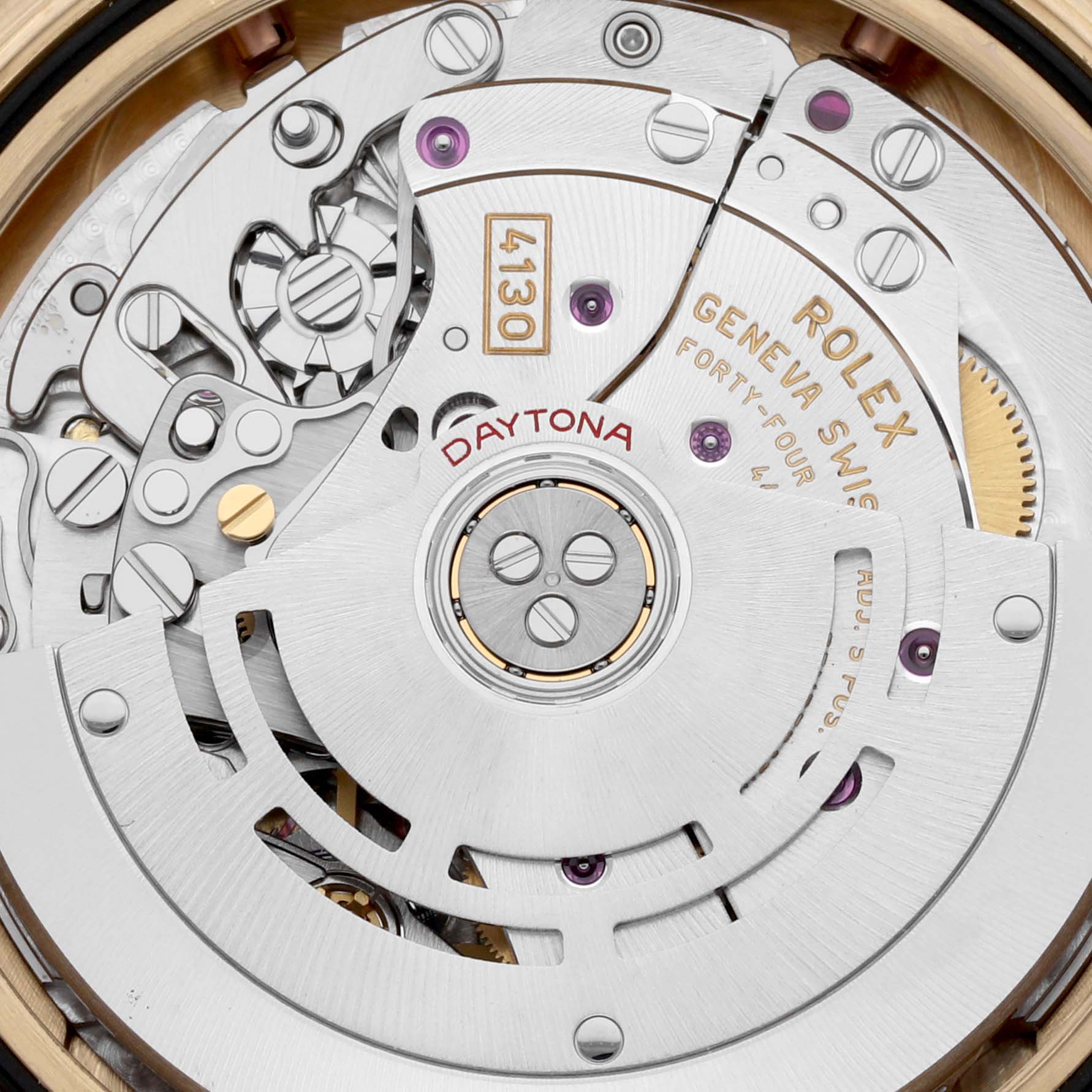 This image shows the intricate movement mechanism of a Rolex Daytona 116518 Men's Yellow Gold Champagne Dial 116518 Men's Yellow Gold Champagne Dial watch, emphasizing the rotor and various gears.