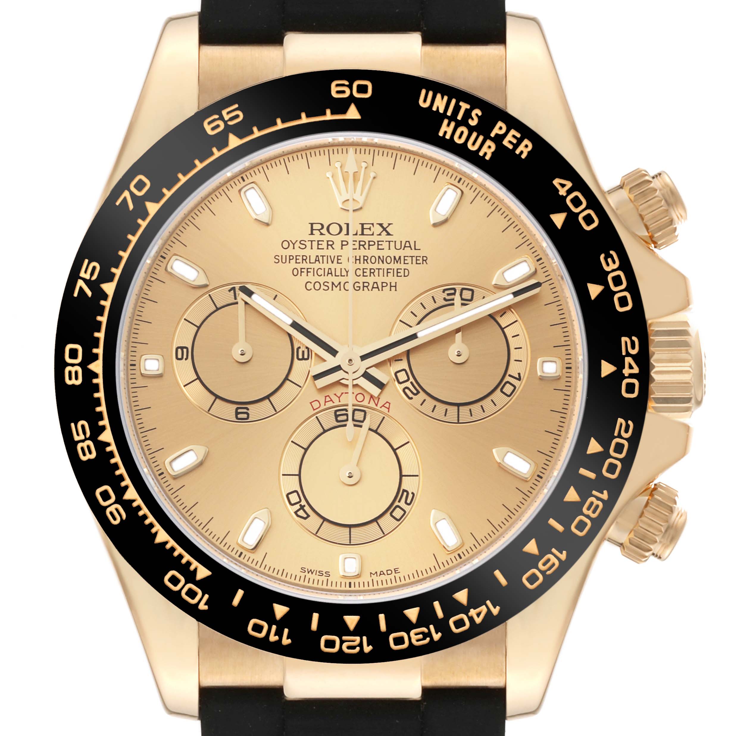 This image shows a front view of the Rolex Daytona 116518 Men's Yellow Gold Champagne Dial 116518 Men's Yellow Gold Champagne Dial watch, highlighting the gold dial, three sub-dials, and black bezel.