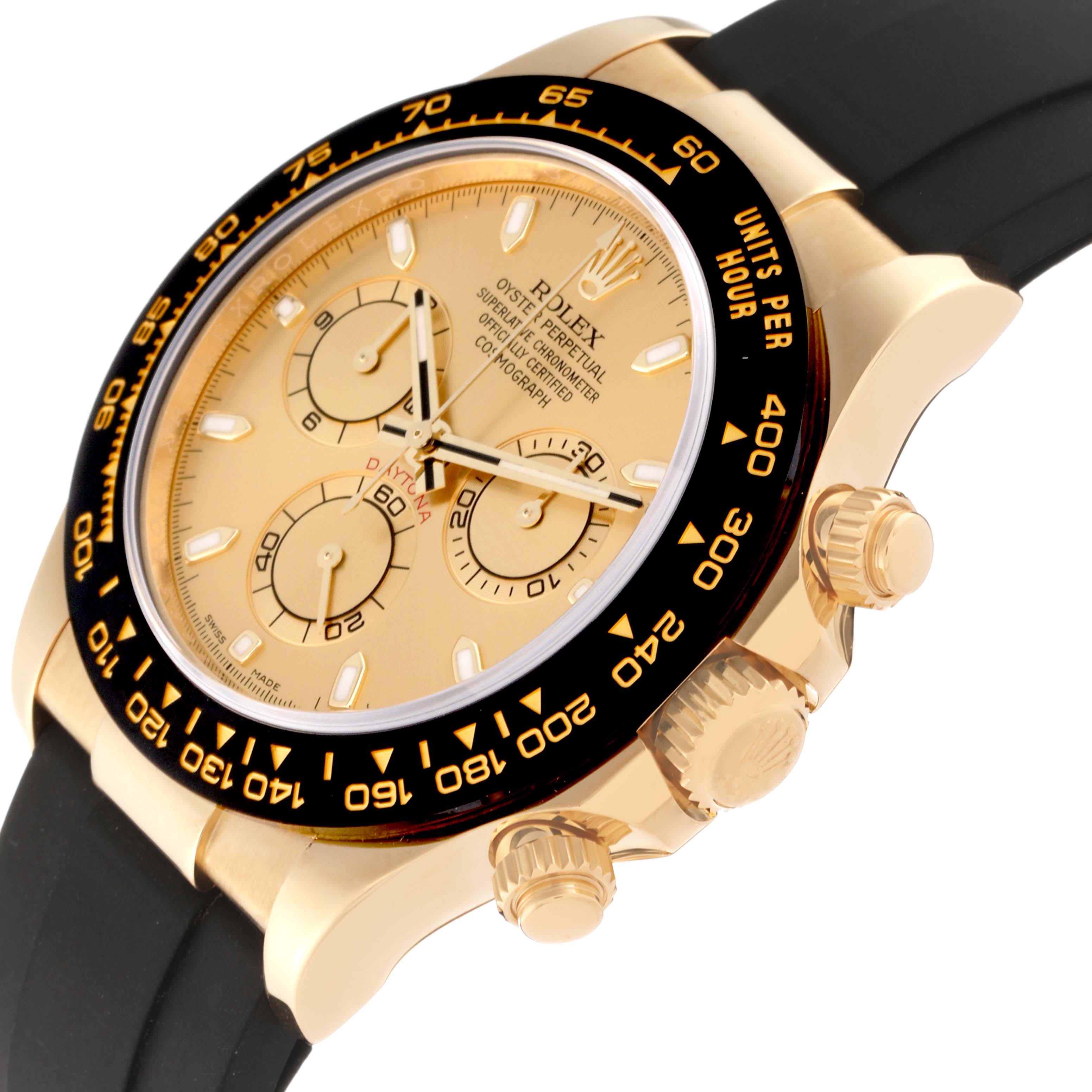 This image shows a close-up side view of the Rolex Daytona 116518 Men's Yellow Gold Champagne Dial 116518 Men's Yellow Gold Champagne Dial watch, detailing the bezel, crown, pushers, and gold dial.