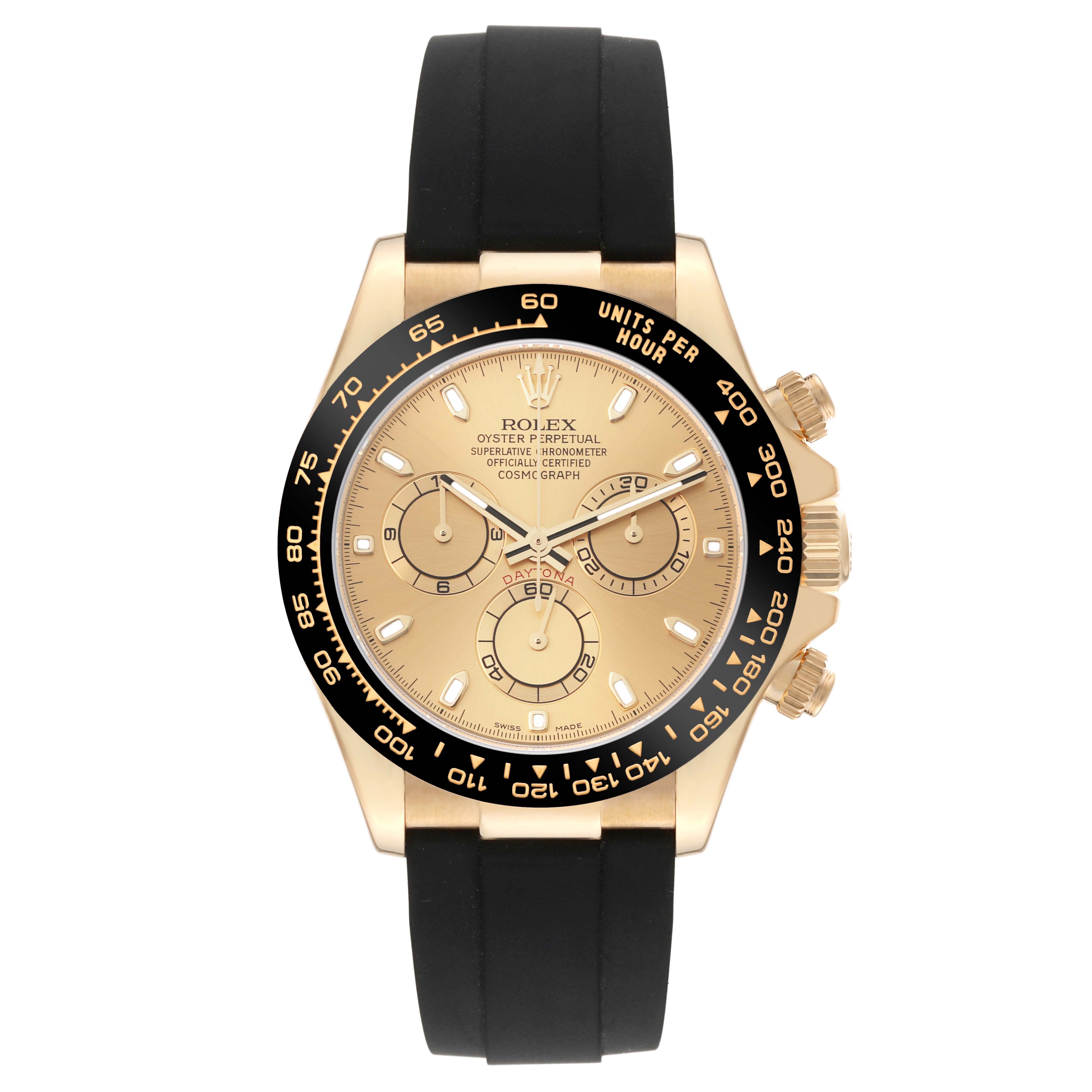 The image shows a front view of a Rolex Daytona 116518 Men's Yellow Gold Champagne Dial 116518 Men's Yellow Gold Champagne Dial with a gold dial, black bezel, and black rubber strap.