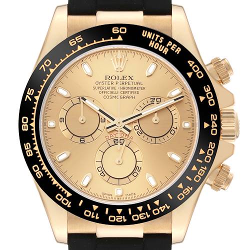 This image shows a front view of a Rolex Daytona watch, highlighting its dial, bezel, and chronograph subdials.