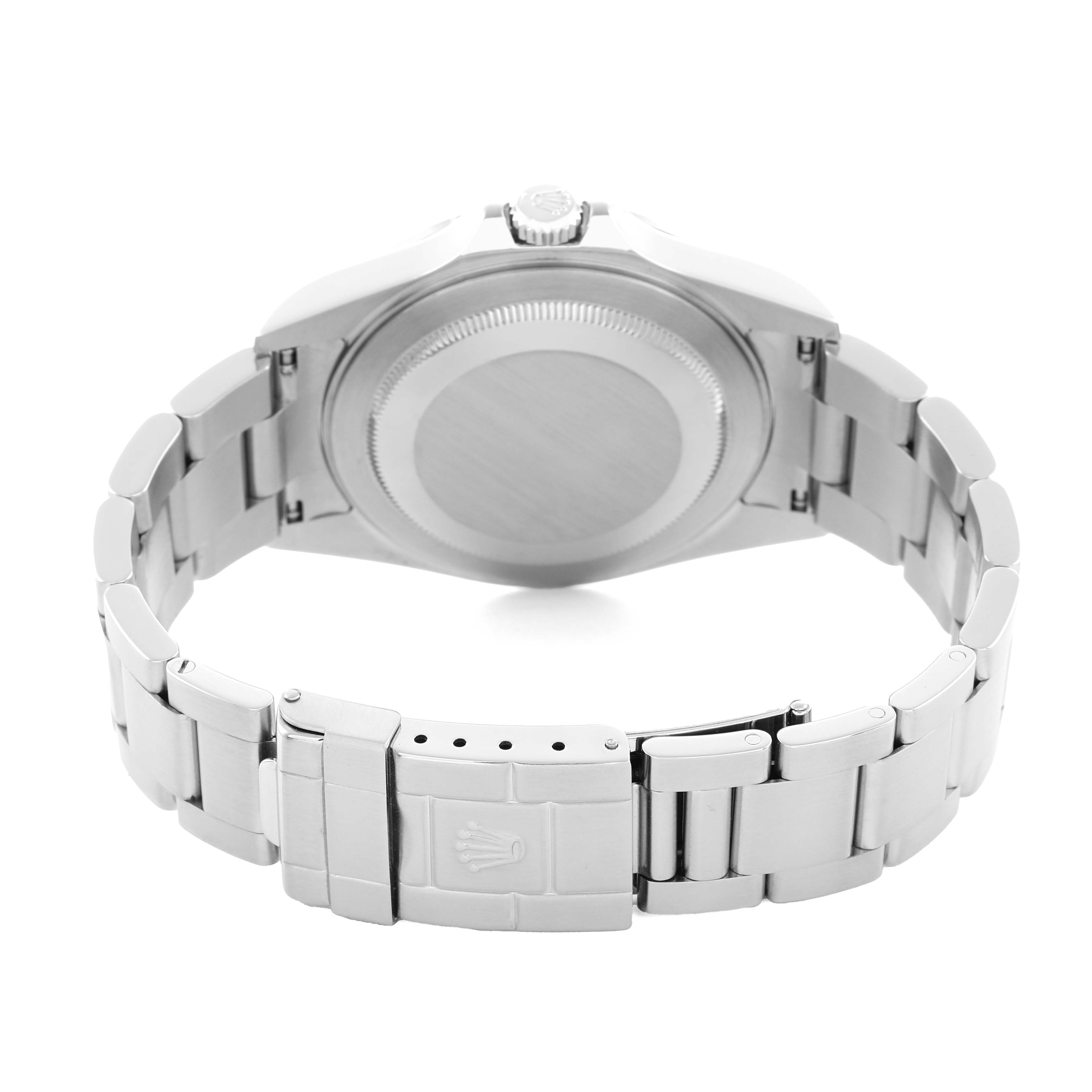 The image shows the back view of a Rolex Explorer 216570 Men
s Stainless Steel Black Dial, focusing on the case back and bracelet clasp.