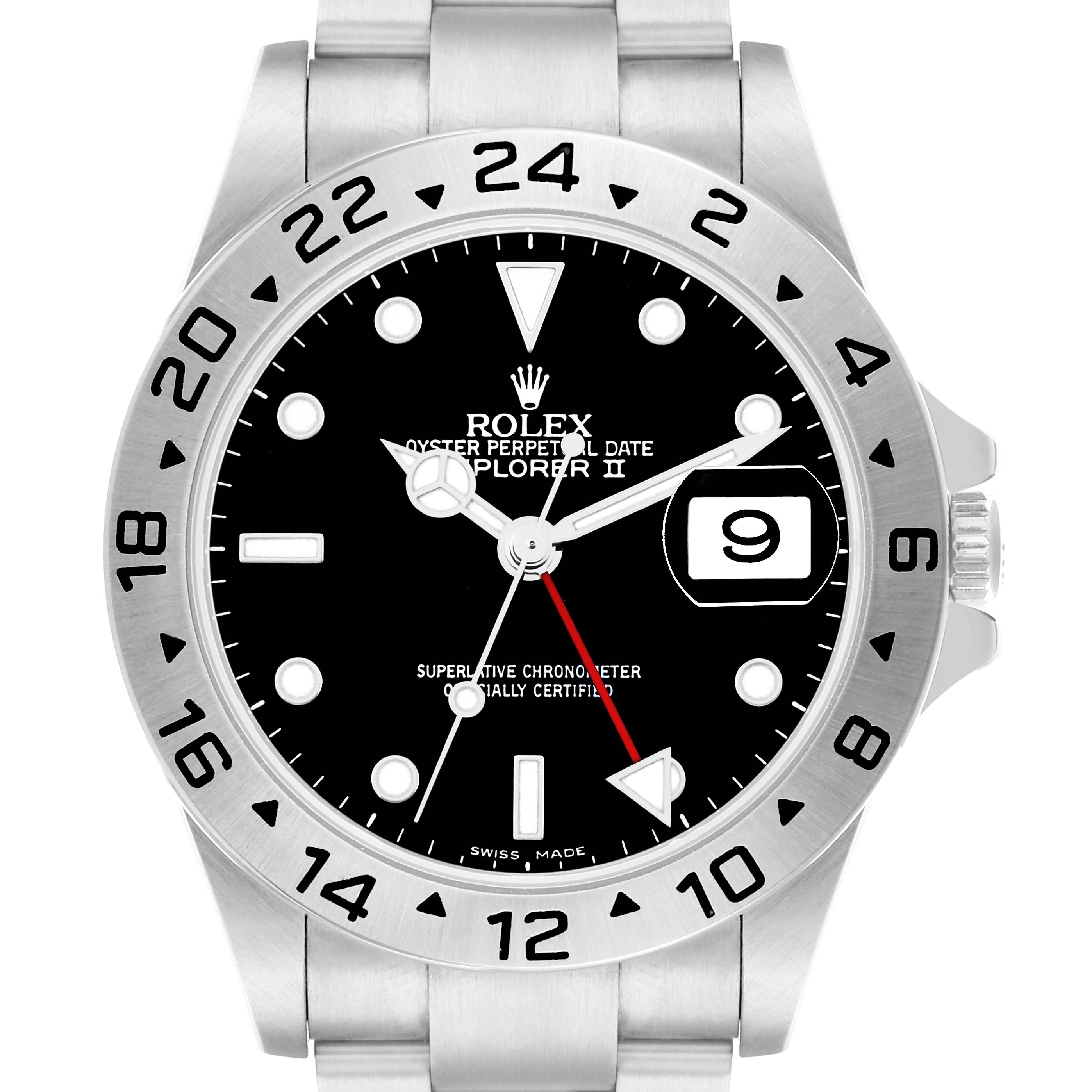 The Rolex Explorer 216570 Men
s Stainless Steel Black Dial II watch is shown from a front angle, highlighting its bezel, dial, and bracelet.