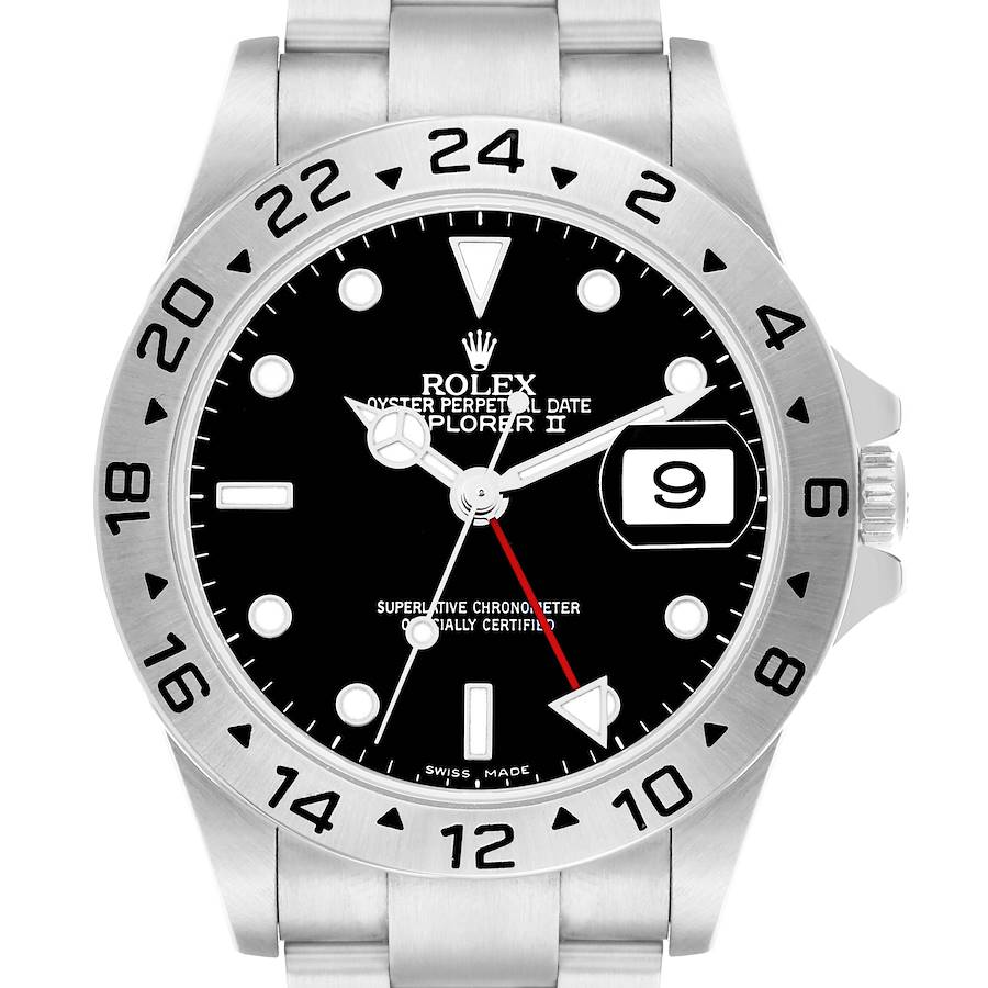 The Rolex Explorer 216570 Men's Stainless Steel Black Dial II watch is shown from a front angle, highlighting its bezel, dial, and bracelet.