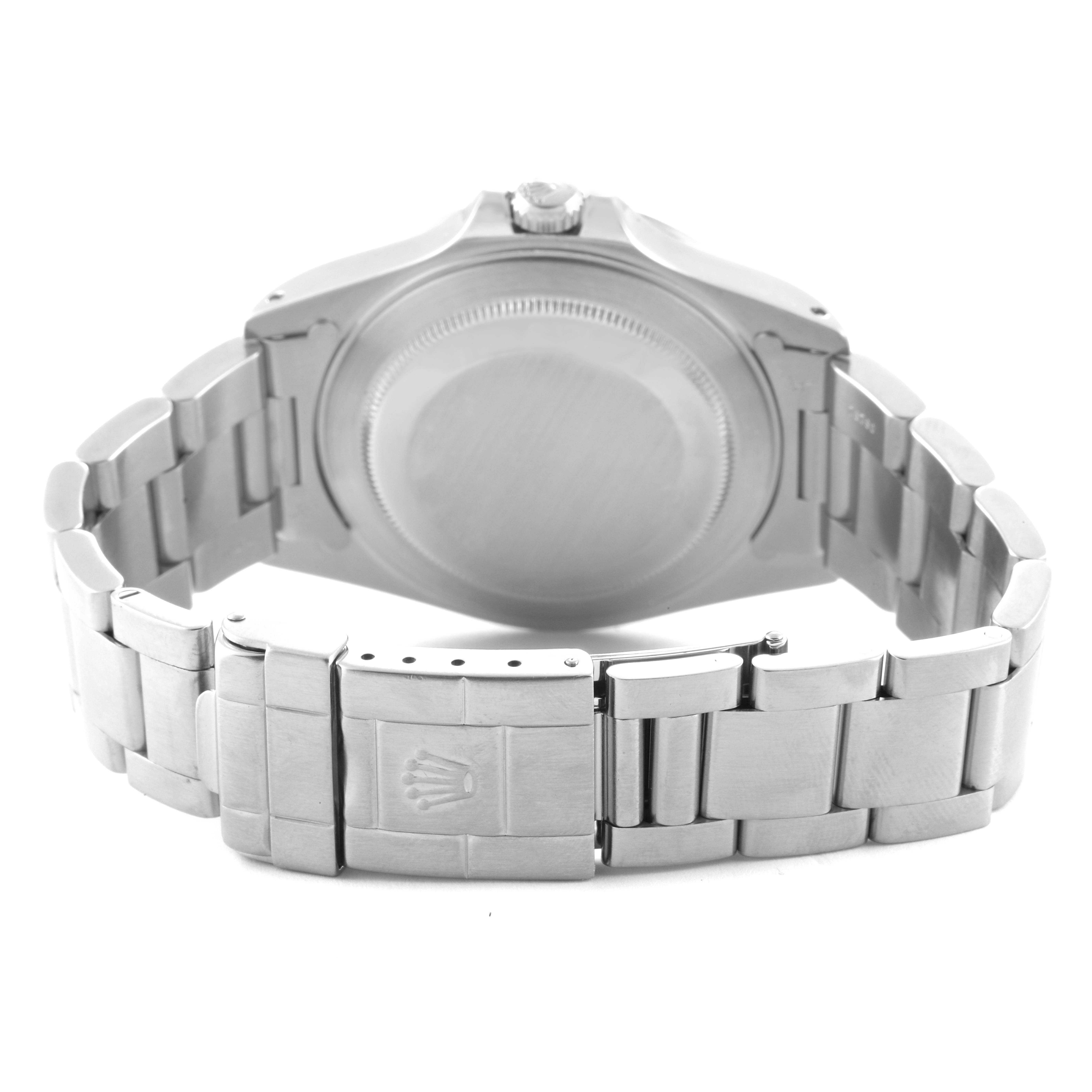 This is a rear view of the Rolex Explorer 16570 Men's Stainless Steel Black Dial 16570 Men's Stainless Steel Black Dial model, showcasing the bracelet and case back.