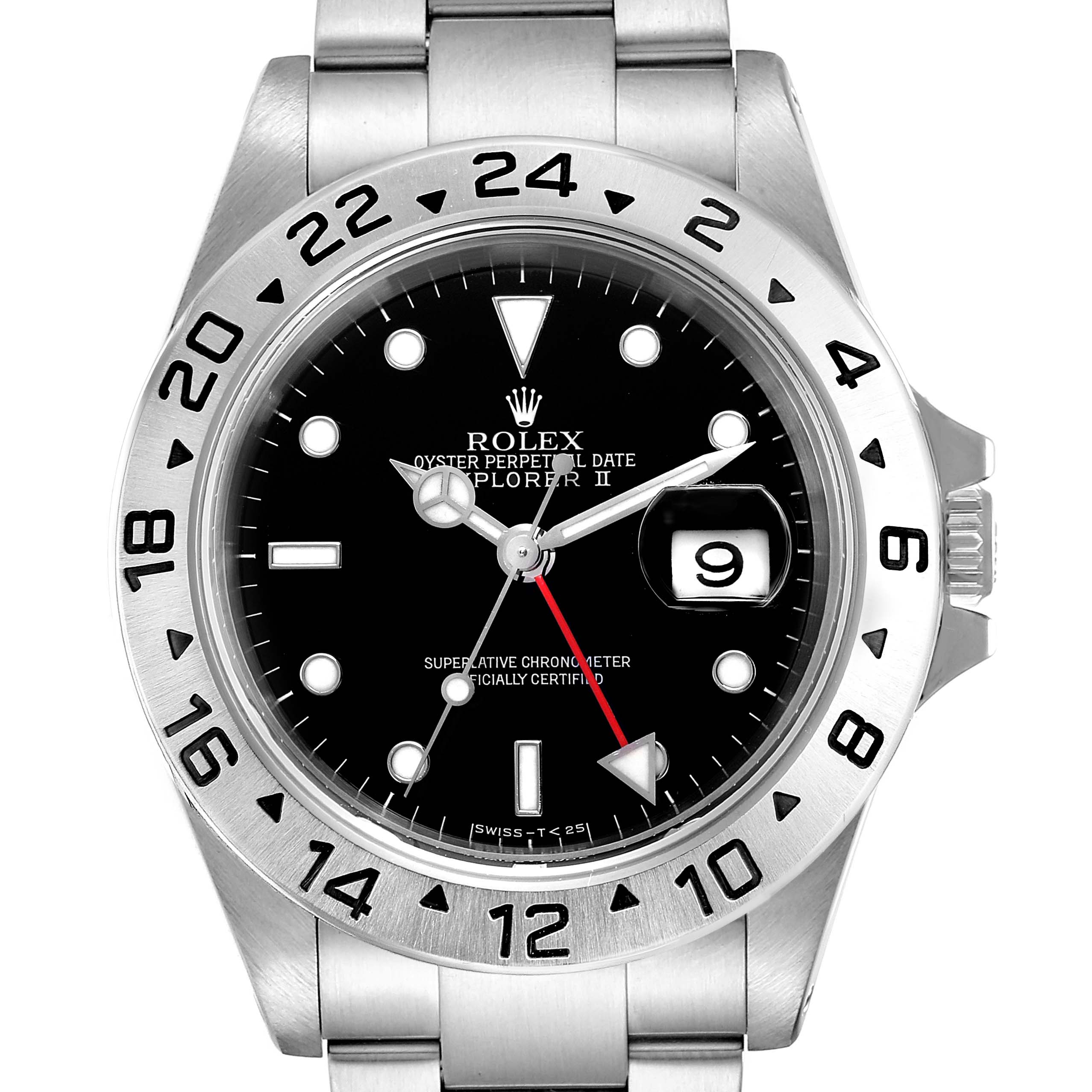 The image shows a front view of a Rolex Explorer 16570 Men's Stainless Steel Black Dial 16570 Men's Stainless Steel Black Dial watch, highlighting its dial, bezel, and bracelet.