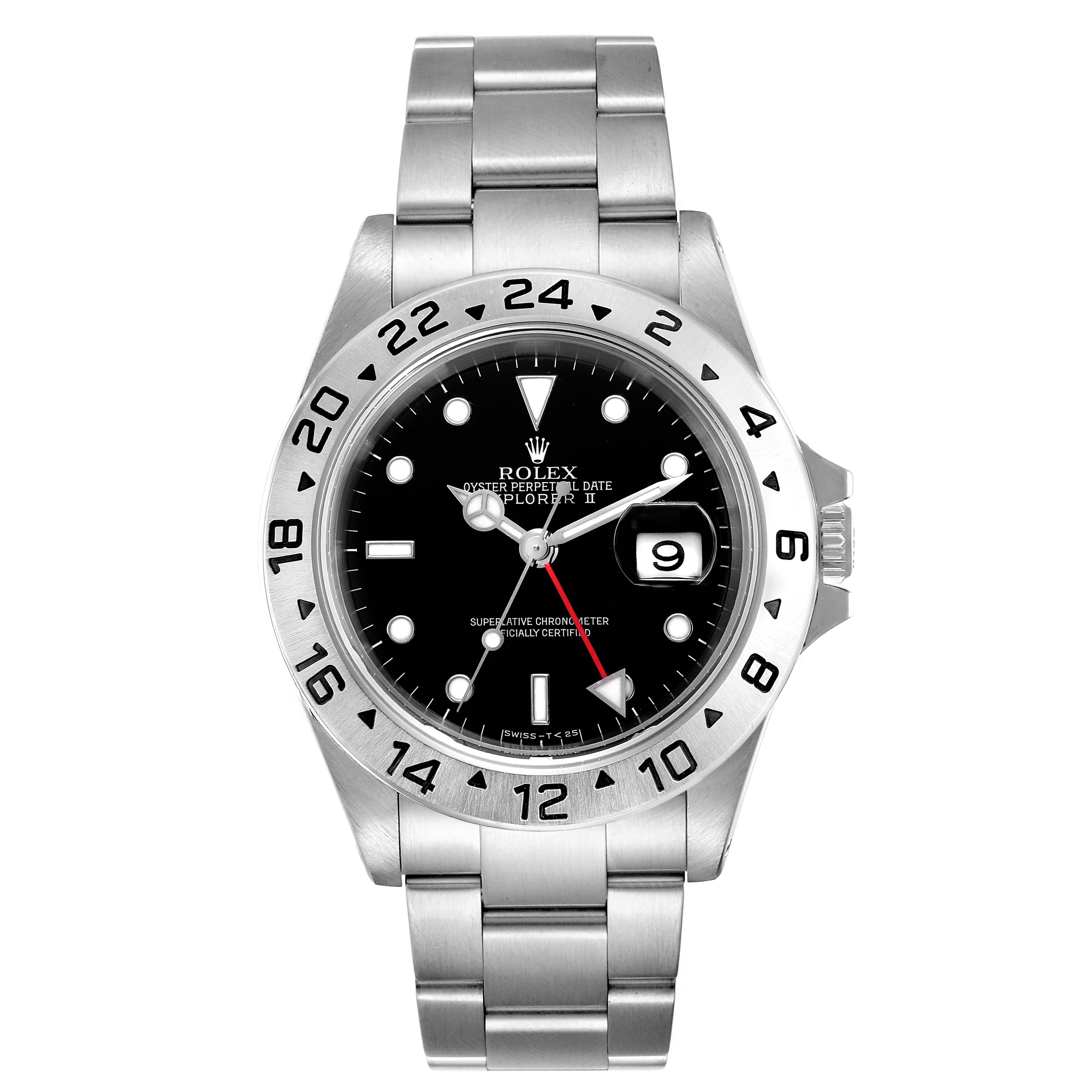 The image shows a front view of a Rolex Explorer 16570 Men's Stainless Steel Black Dial 16570 Men's Stainless Steel Black Dial watch, highlighting its black dial, date window, and stainless steel bracelet.