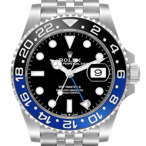 The Rolex GMT-Master 126710 Men's Stainless Steel Black Dial watch is shown from a frontal angle, displaying the dial, bezel, and part of the bracelet.