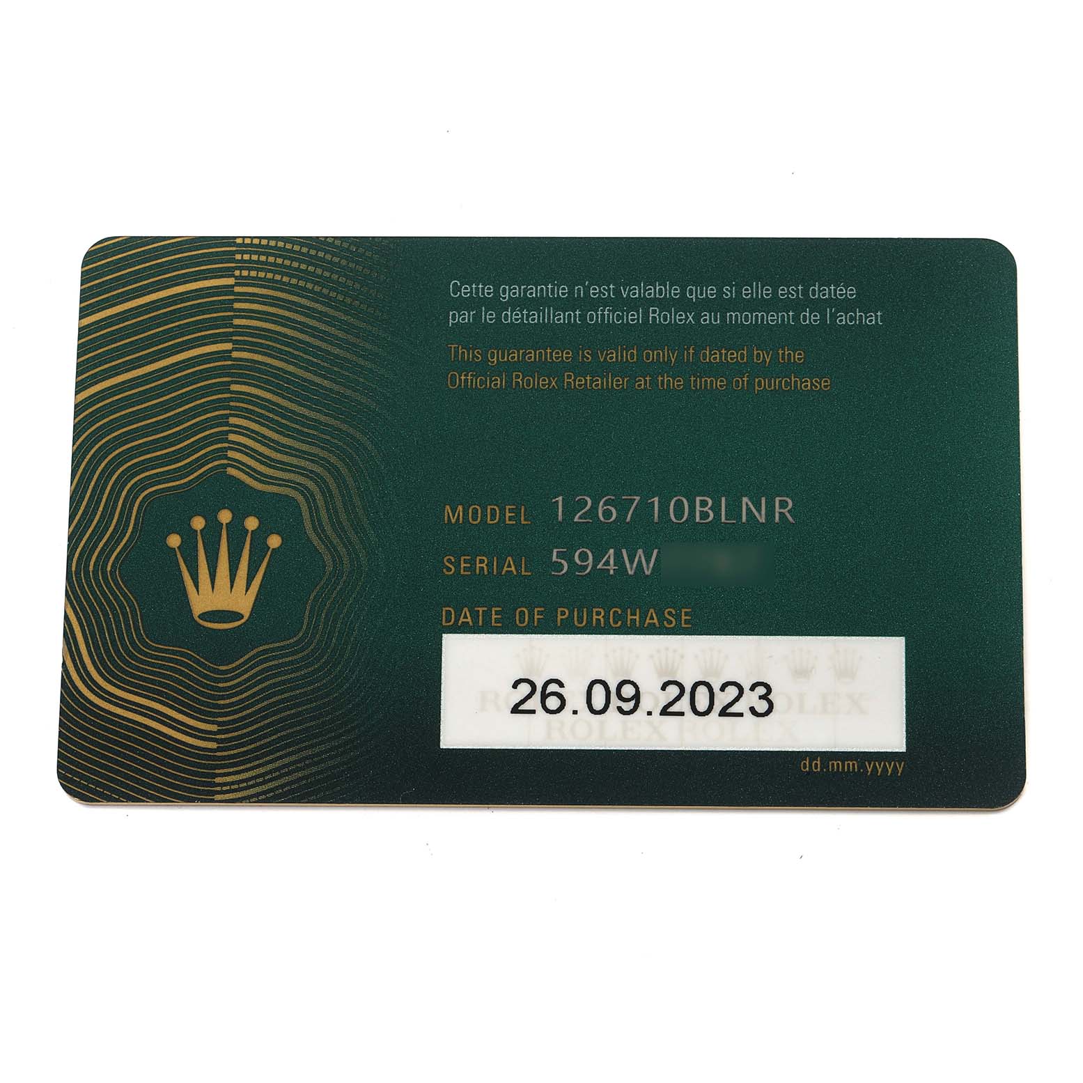 The image shows a warranty card for a Rolex GMT-Master 126710 Men
s Stainless Steel Black Dial model, including model, serial number, and purchase date details.