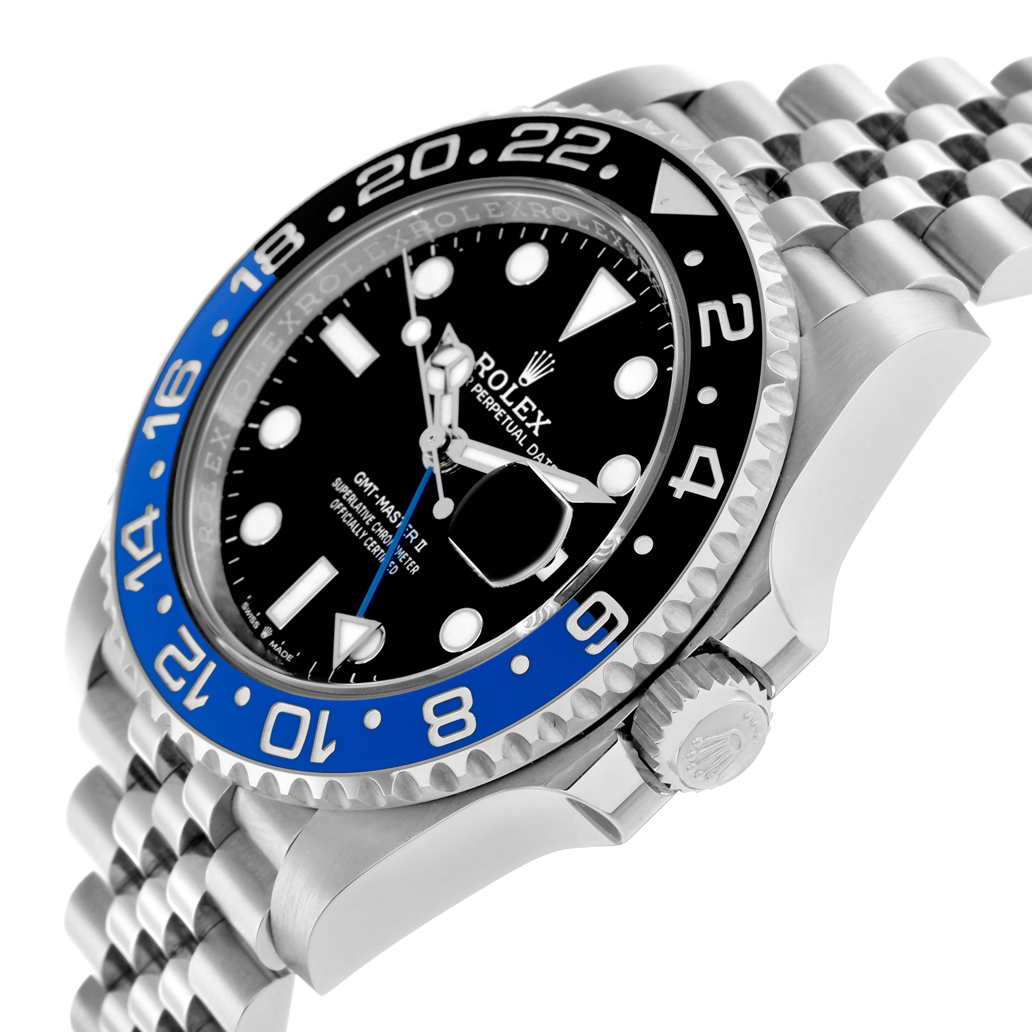 The Rolex GMT-Master 126710 Men
s Stainless Steel Black Dial watch is shown at an angle displaying the face, bezel, crown, and part of the bracelet.
