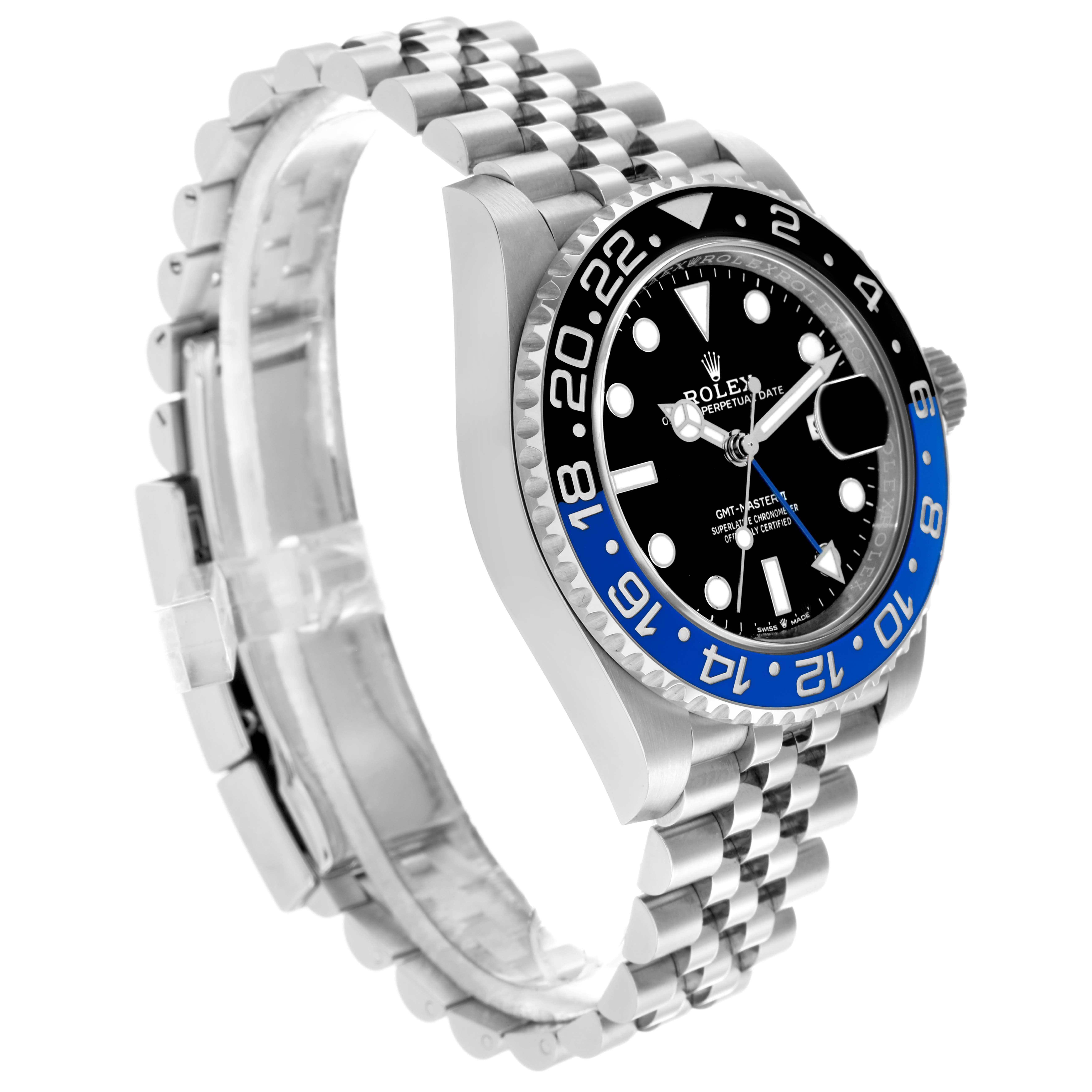 The Rolex GMT-Master 126710 Men
s Stainless Steel Black Dial watch is shown at a three-quarter angle, highlighting the bezel, dial, bracelet, and case.