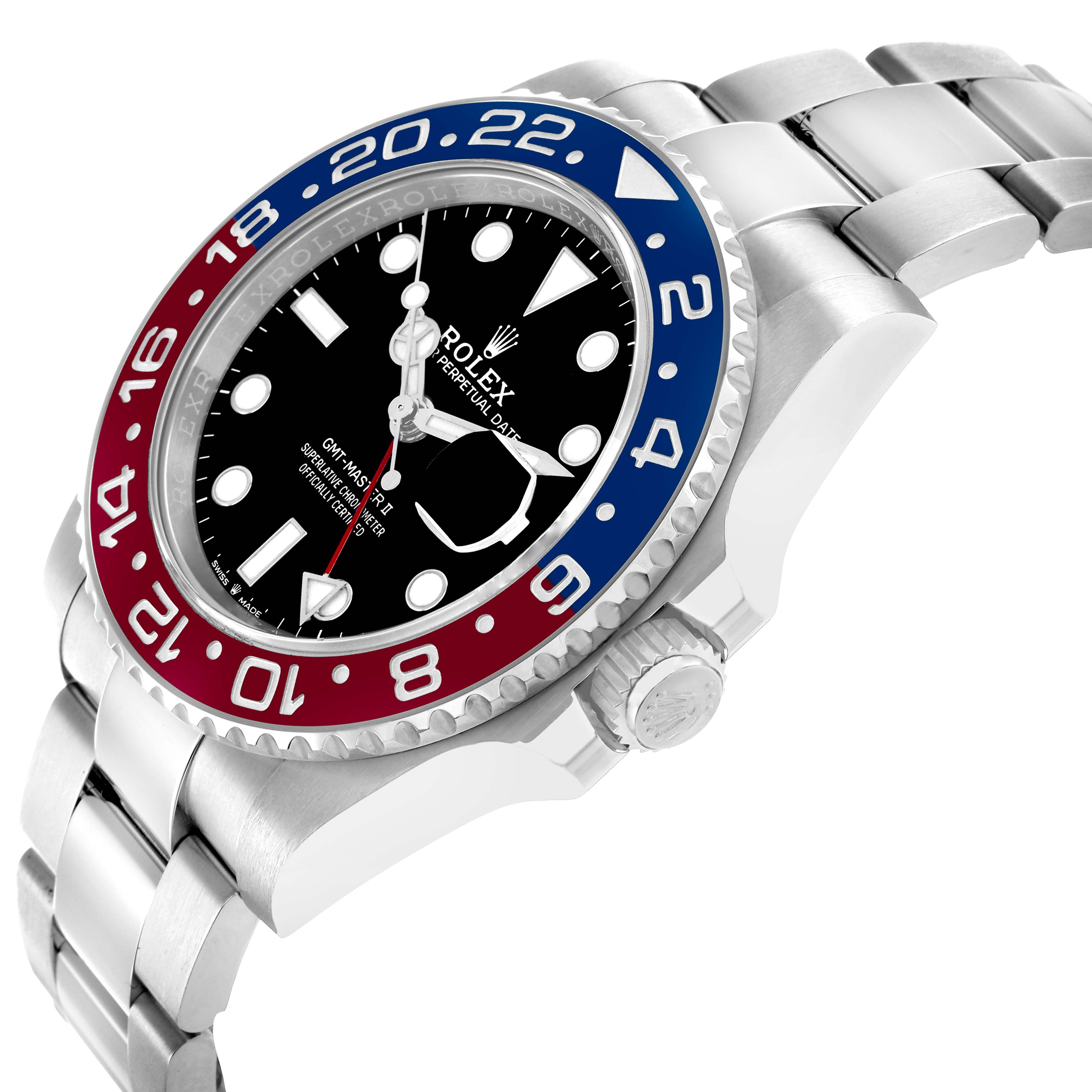 The Rolex GMT-Master 126710 Men
s Stainless Steel Black Dial watch is shown at an angled side view, highlighting the bezel, dial, and bracelet.