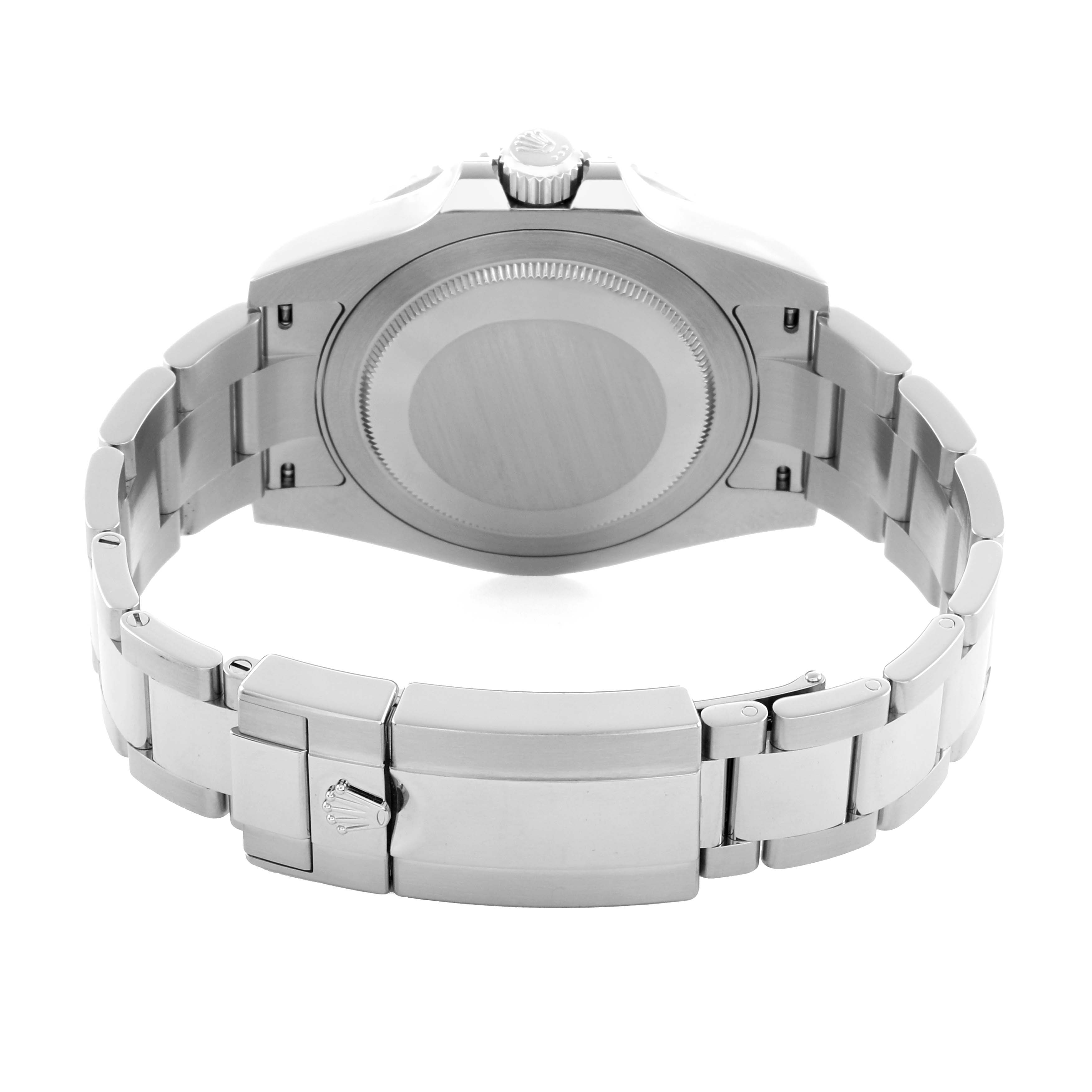 The image shows the back case and bracelet clasp of a Rolex GMT-Master 126710 Men
s Stainless Steel Black Dial watch from a rear angle.