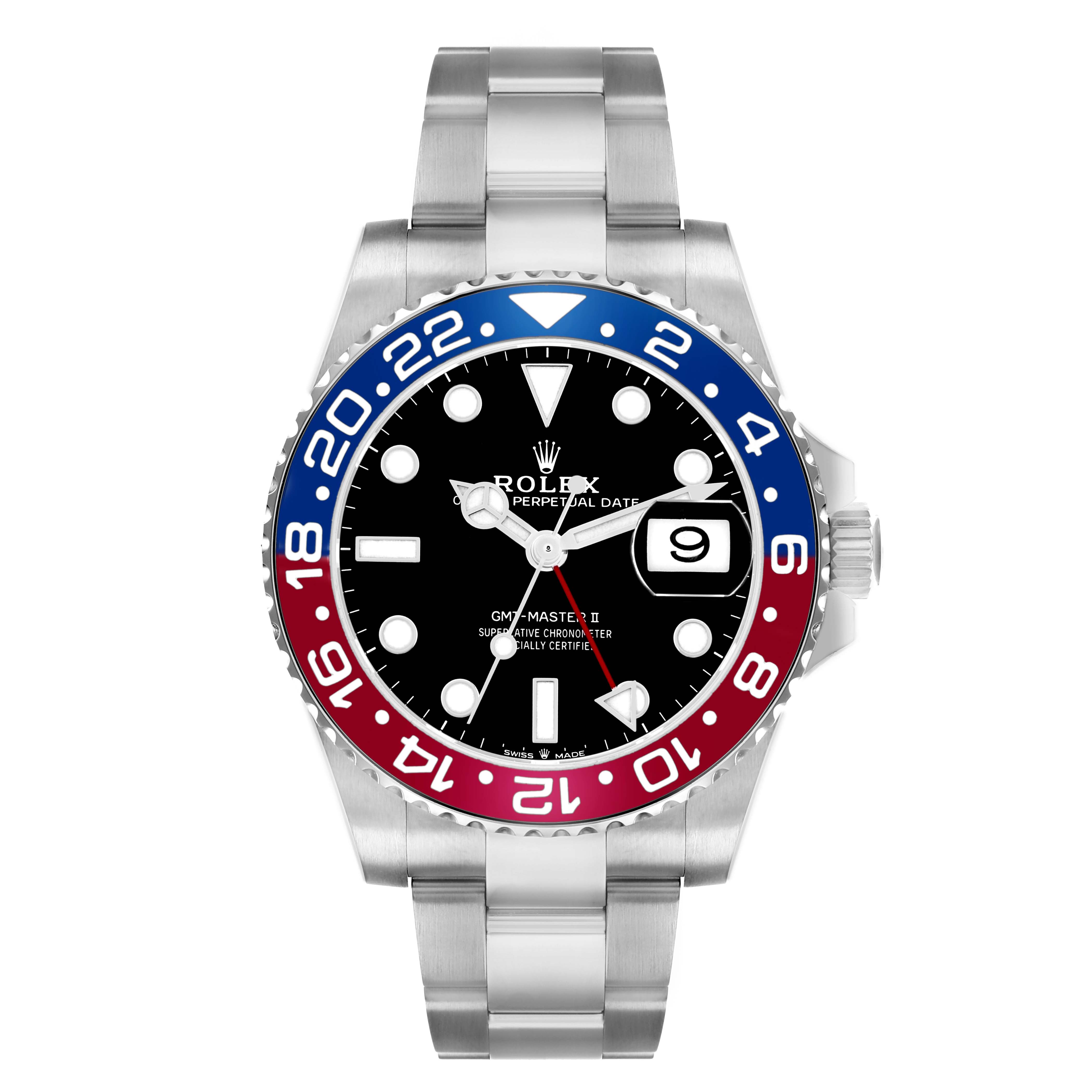 The Rolex GMT-Master 126710 Men
s Stainless Steel Black Dial watch is shown from a front angle, displaying the dial, bezel, bracelet, and crown.