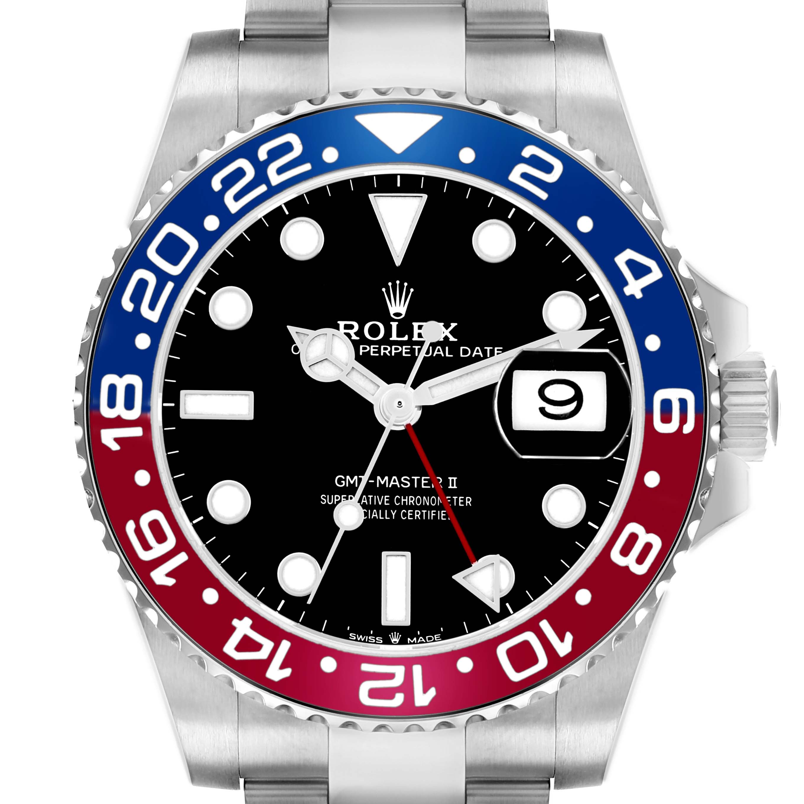 The Rolex GMT-Master 126710 Men
s Stainless Steel Black Dial II watch is shown from the front, highlighting its bezel, dial, and date window.