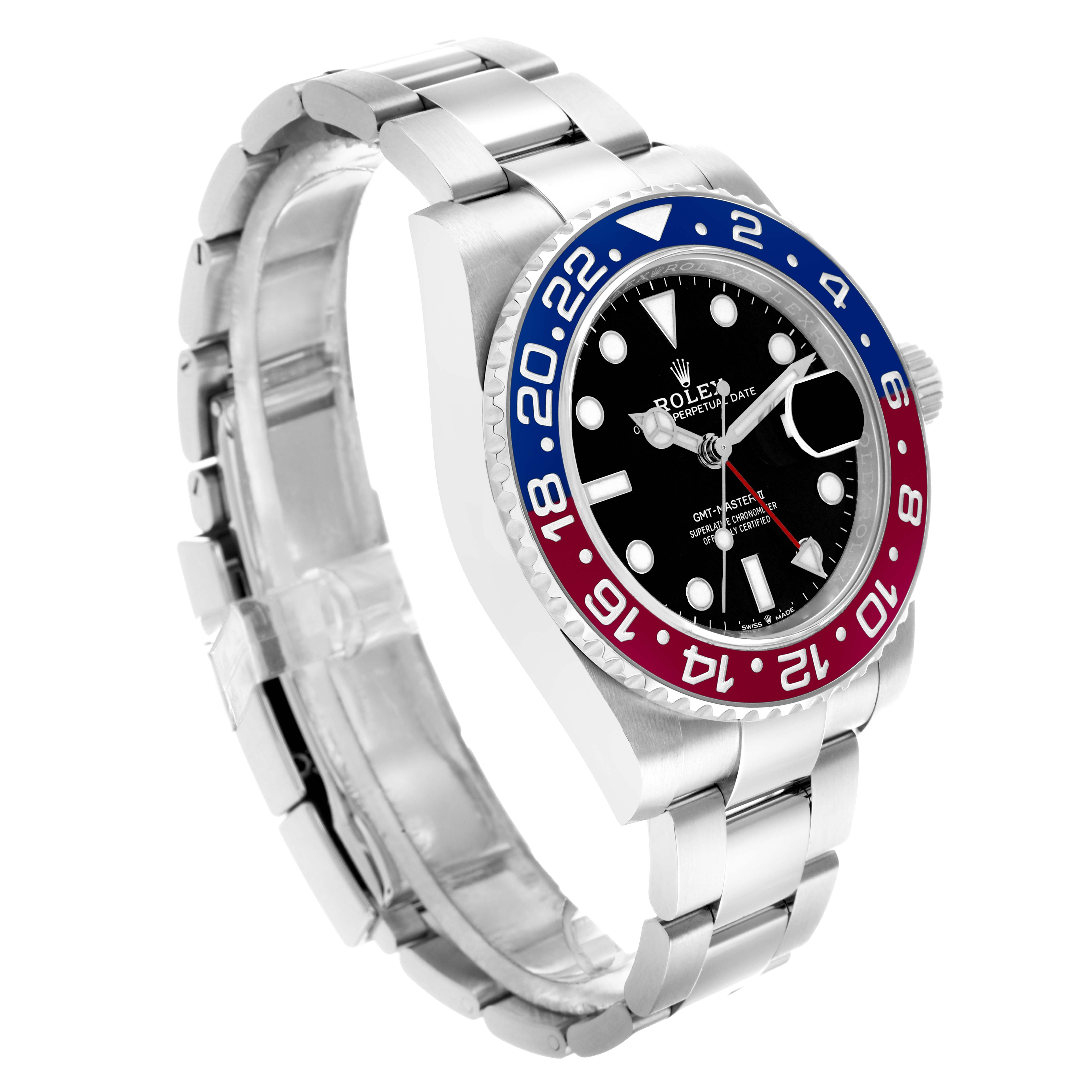 The Rolex GMT-Master 126710 Men
s Stainless Steel Black Dial is shown from a three-quarter view, highlighting the bezel, dial, case, and bracelet.